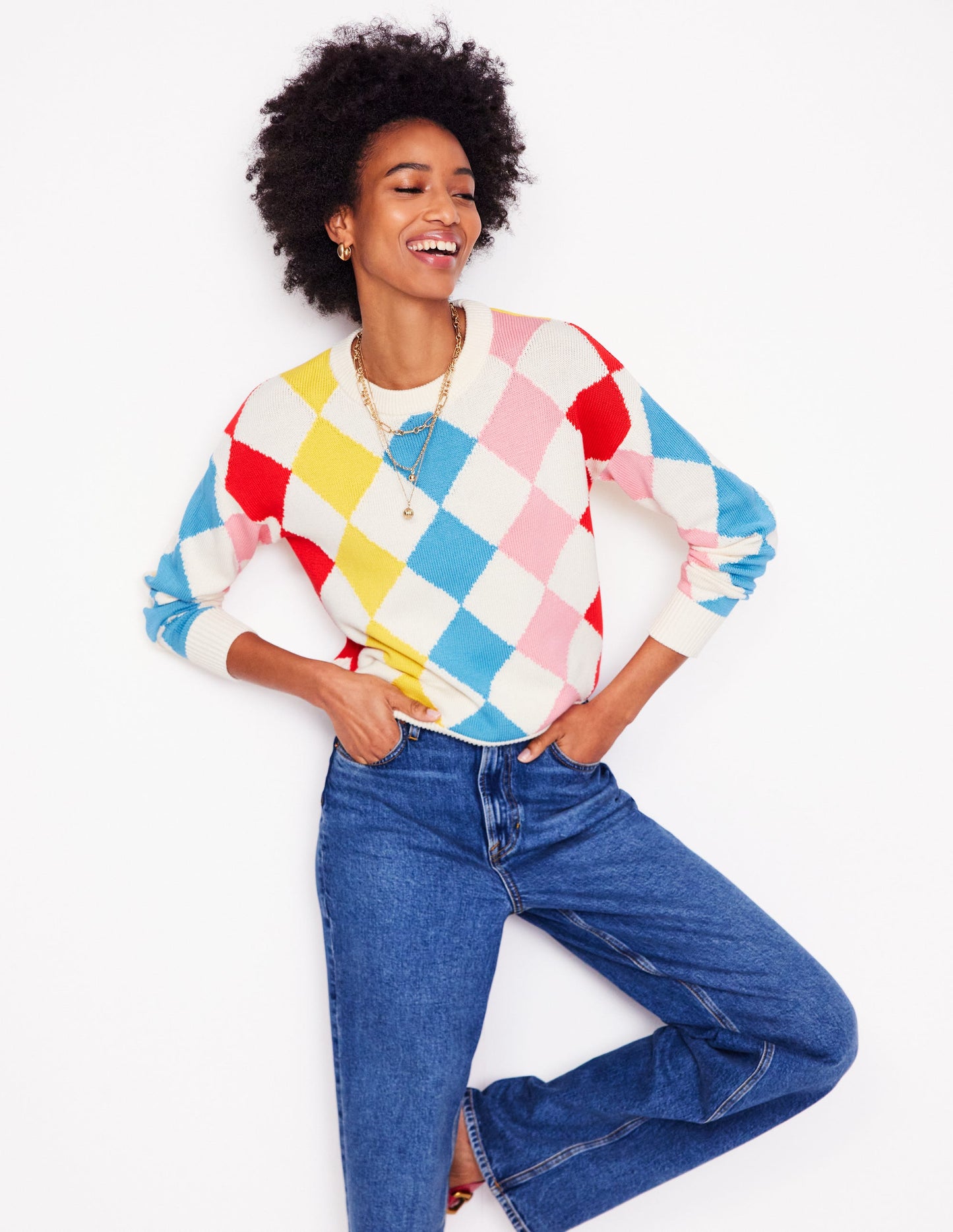 Cotton Argyle Jumper-Pink, Light Blue Argyle