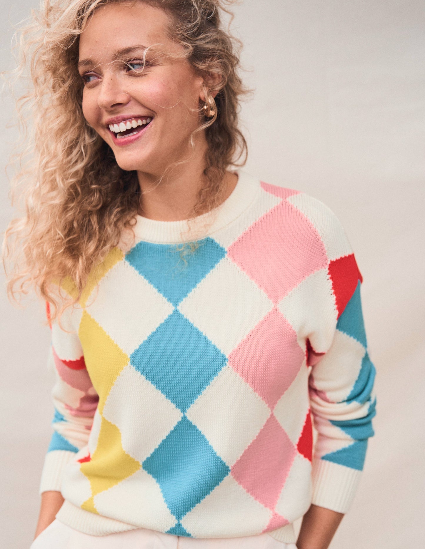 Cotton Argyle Jumper-Pink, Light Blue Argyle