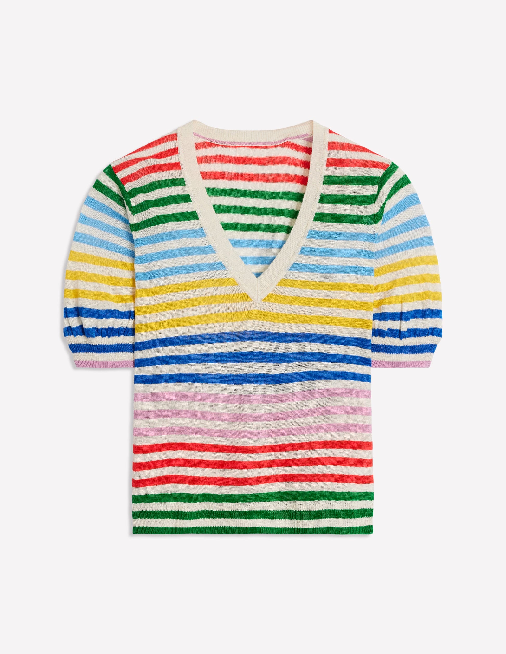 Liv V-Neck Linen T-Shirt-Banded Rainbow Stripe-7