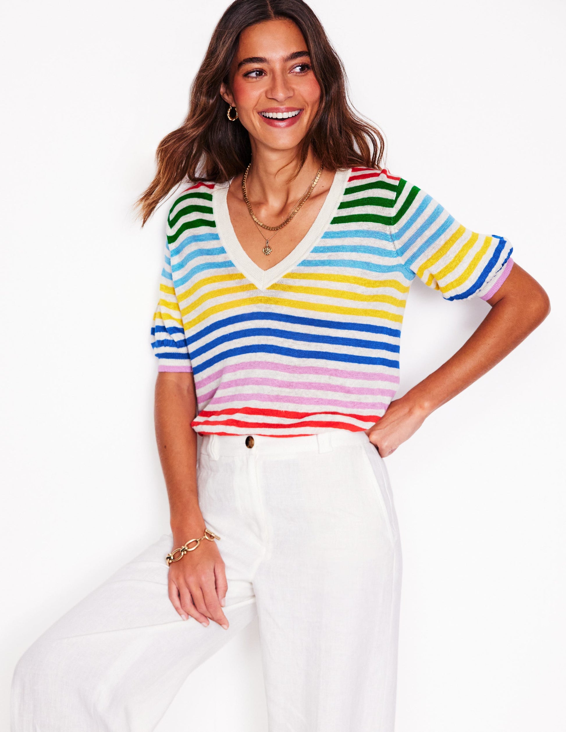 Liv V-Neck Linen T-Shirt-Banded Rainbow Stripe-2
