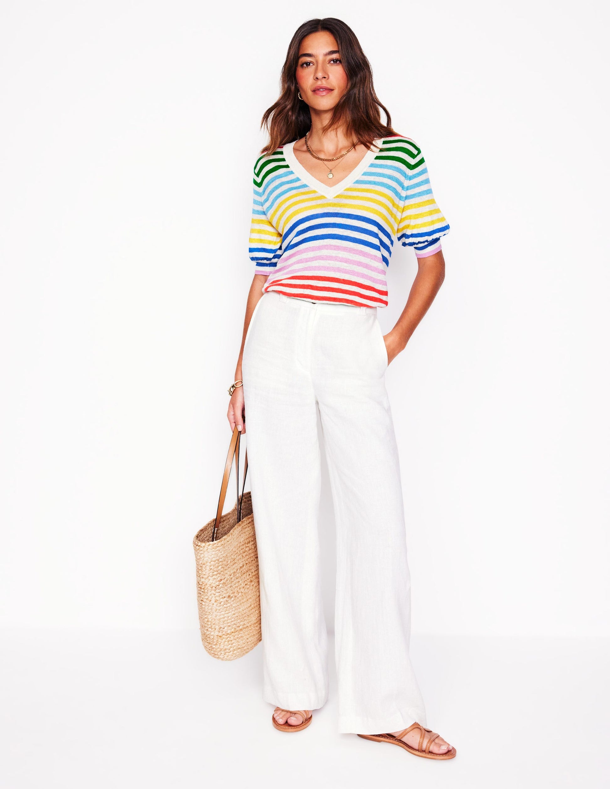 Liv V-Neck Linen T-Shirt-Banded Rainbow Stripe-5
