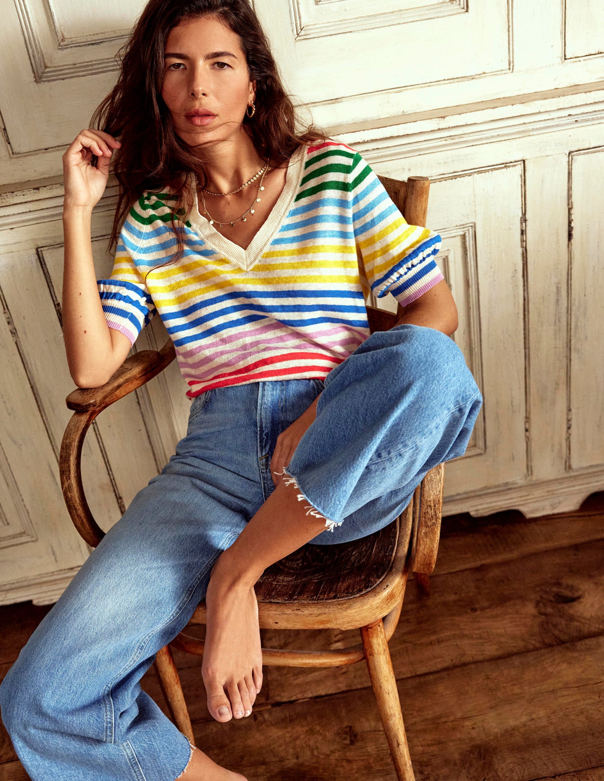 Liv V-Neck Linen T-Shirt-Banded Rainbow Stripe-1
