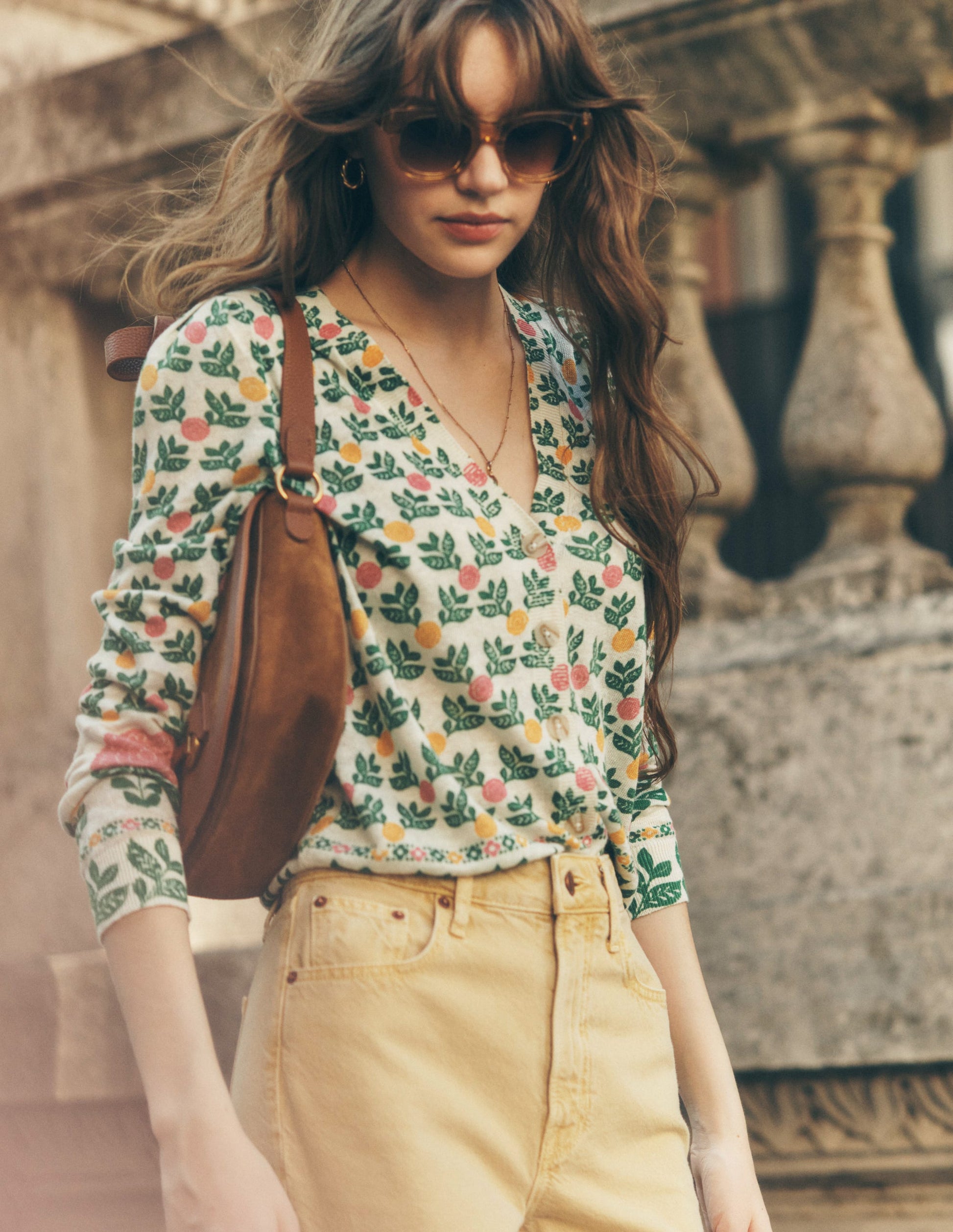 Liv V-Neck Linen Cardigan-Warm Ivory, Dahlia Garden-5