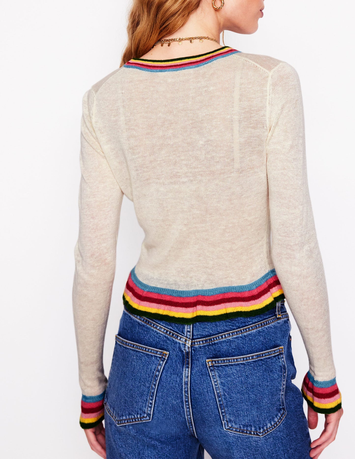 Josie Cropped Linen Cardigan-Warm Ivory, Multi Stripe