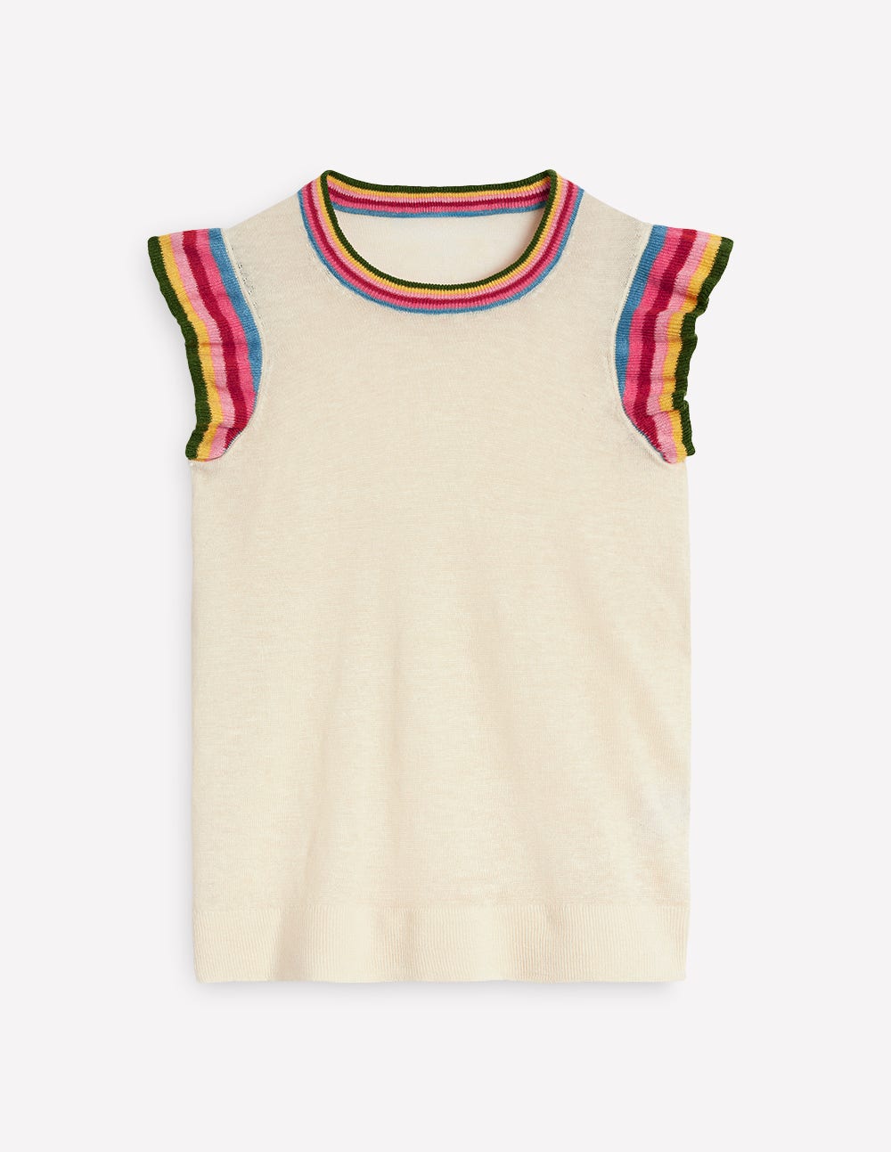 Josie Frilled Linen Tank-Warm Ivory, Multi Stripe