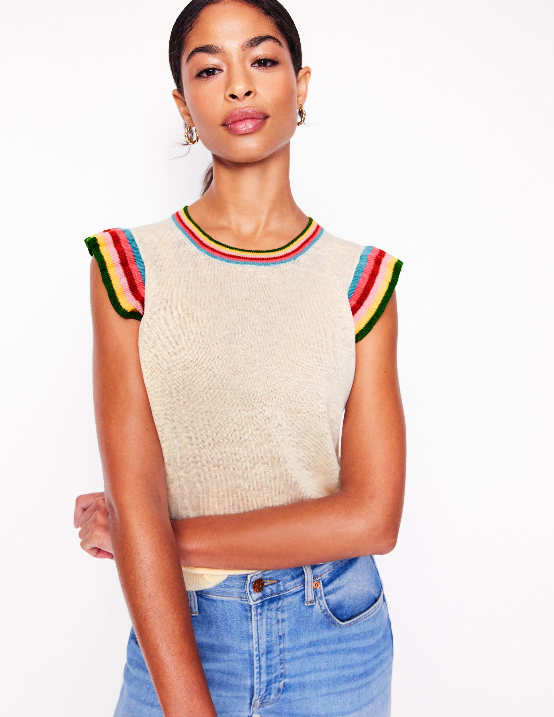 Josie Frilled Linen Tank-Warm Ivory, Multi Stripe-1