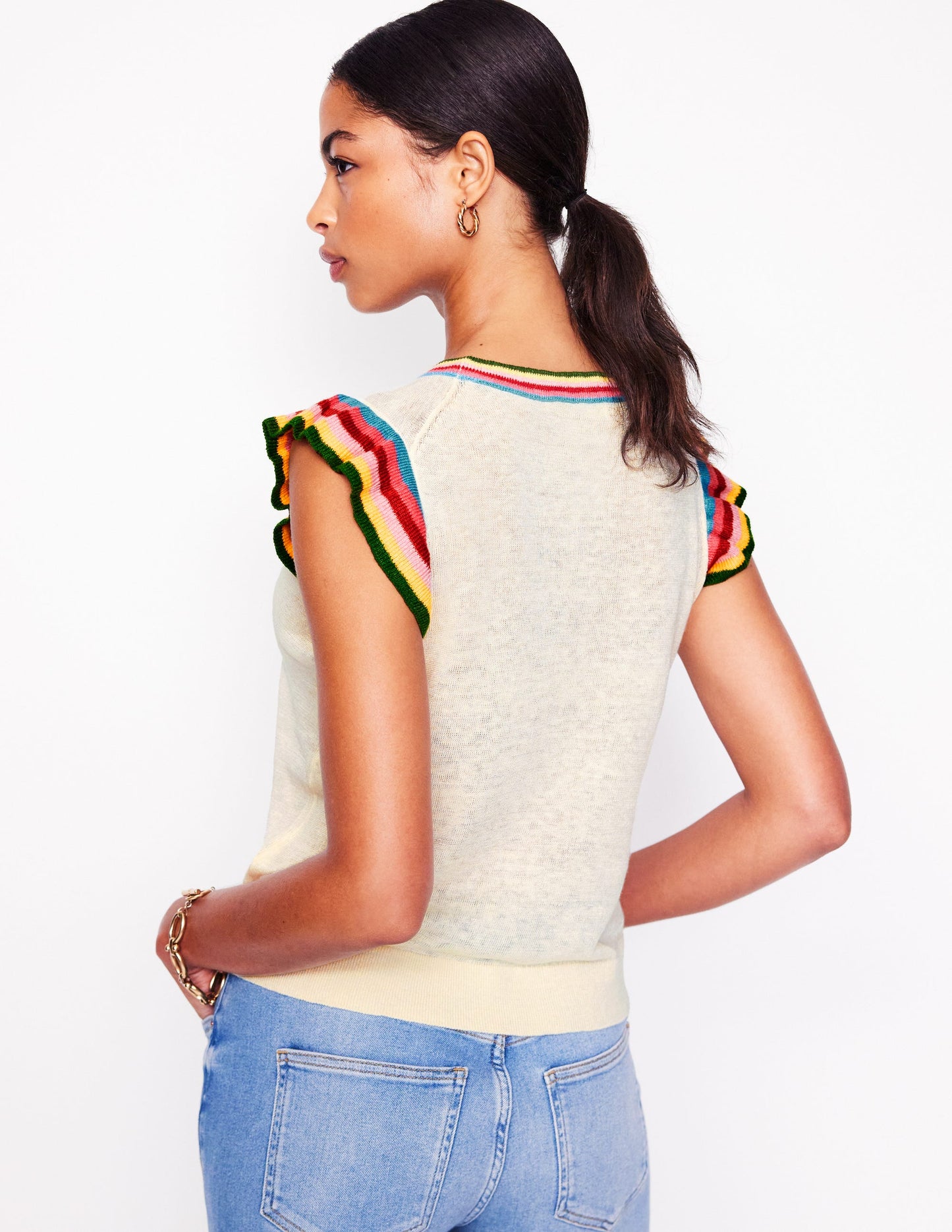 Josie Frilled Linen Tank-Warm Ivory, Multi Stripe