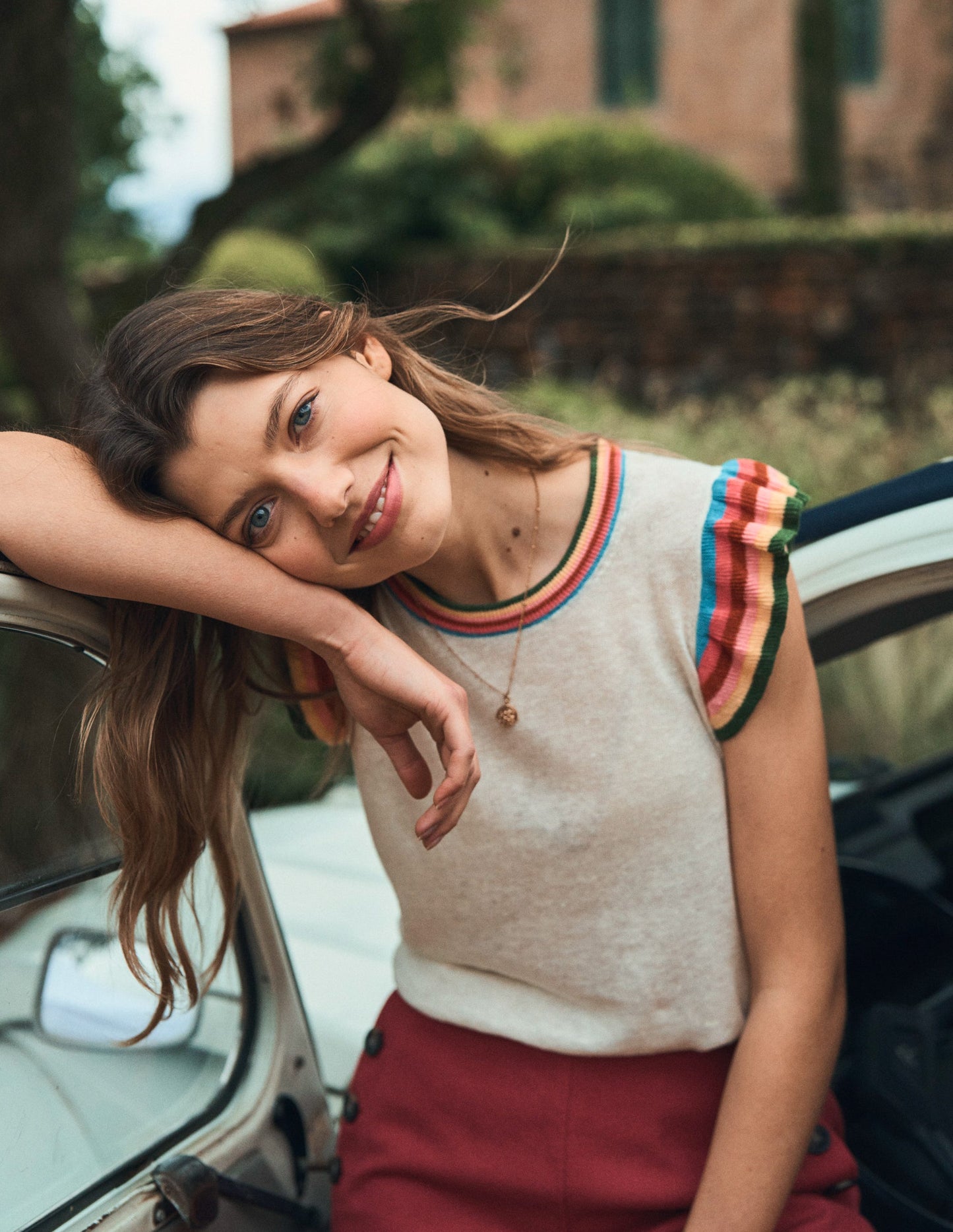 Josie Frilled Linen Tank-Warm Ivory, Multi Stripe