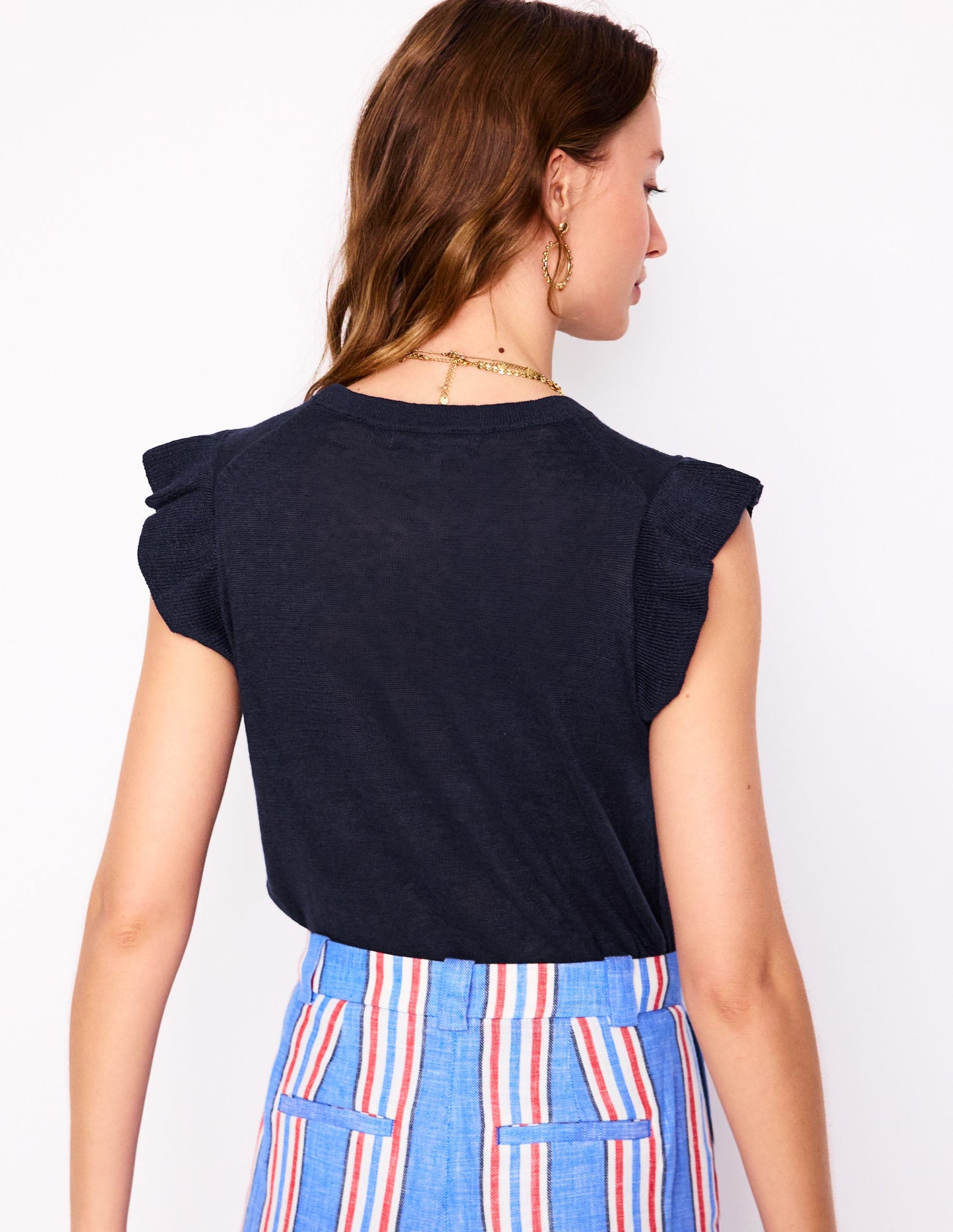 Josie Frilled Linen Tank-Navy