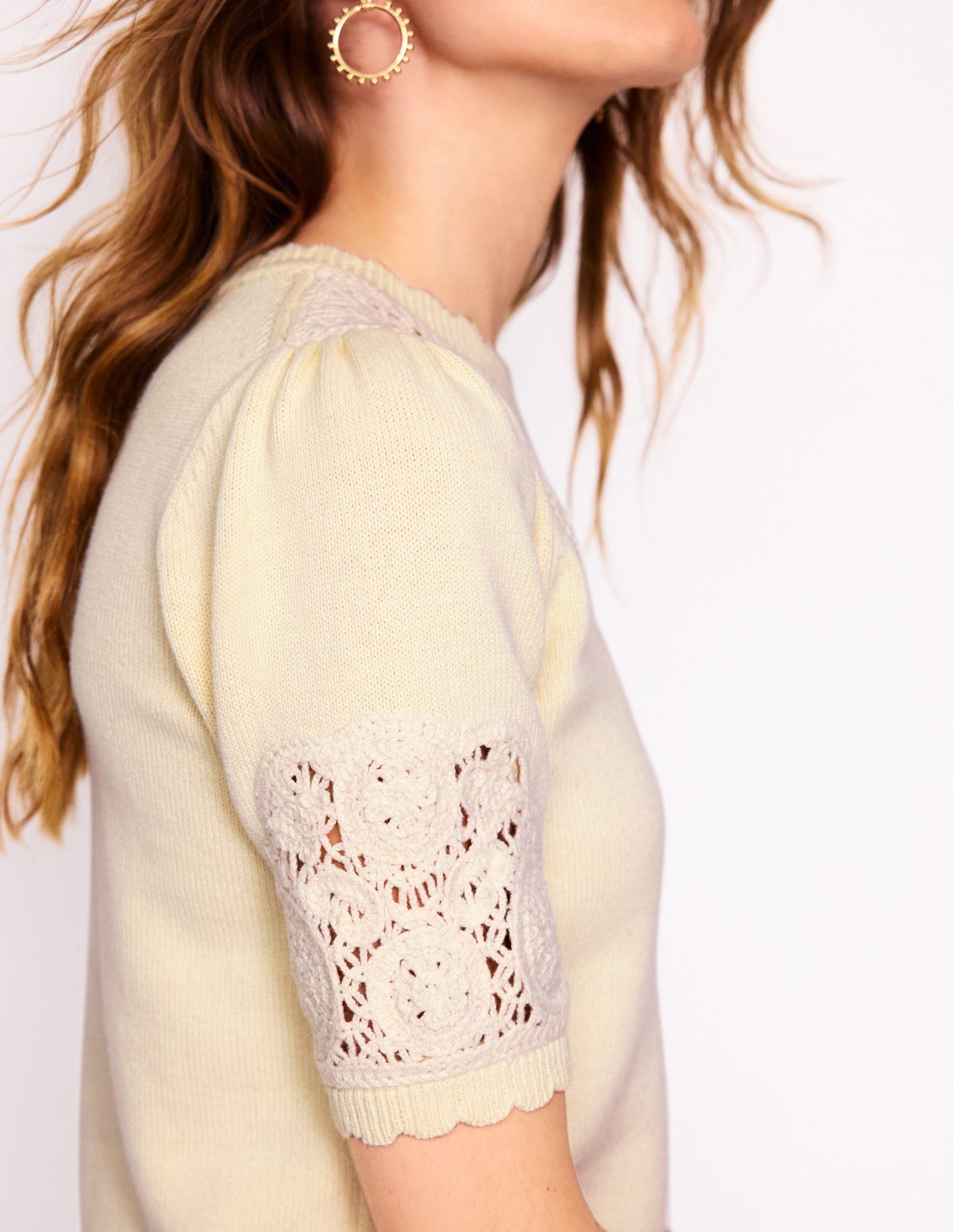 Embroidered Yoke Knitted Tee-Warm Ivory