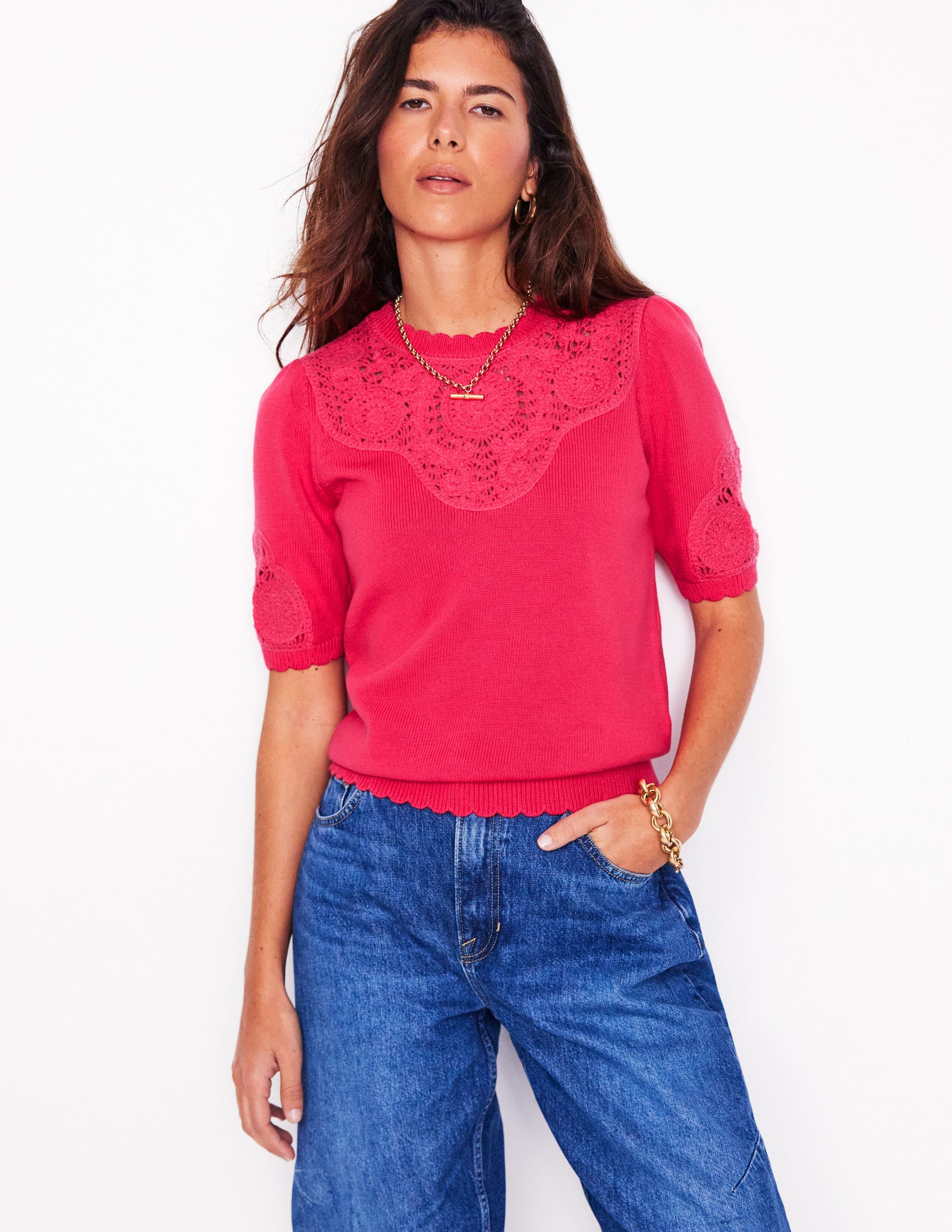 Embroidered Yoke Knitted Tee-Camelia Pink-1