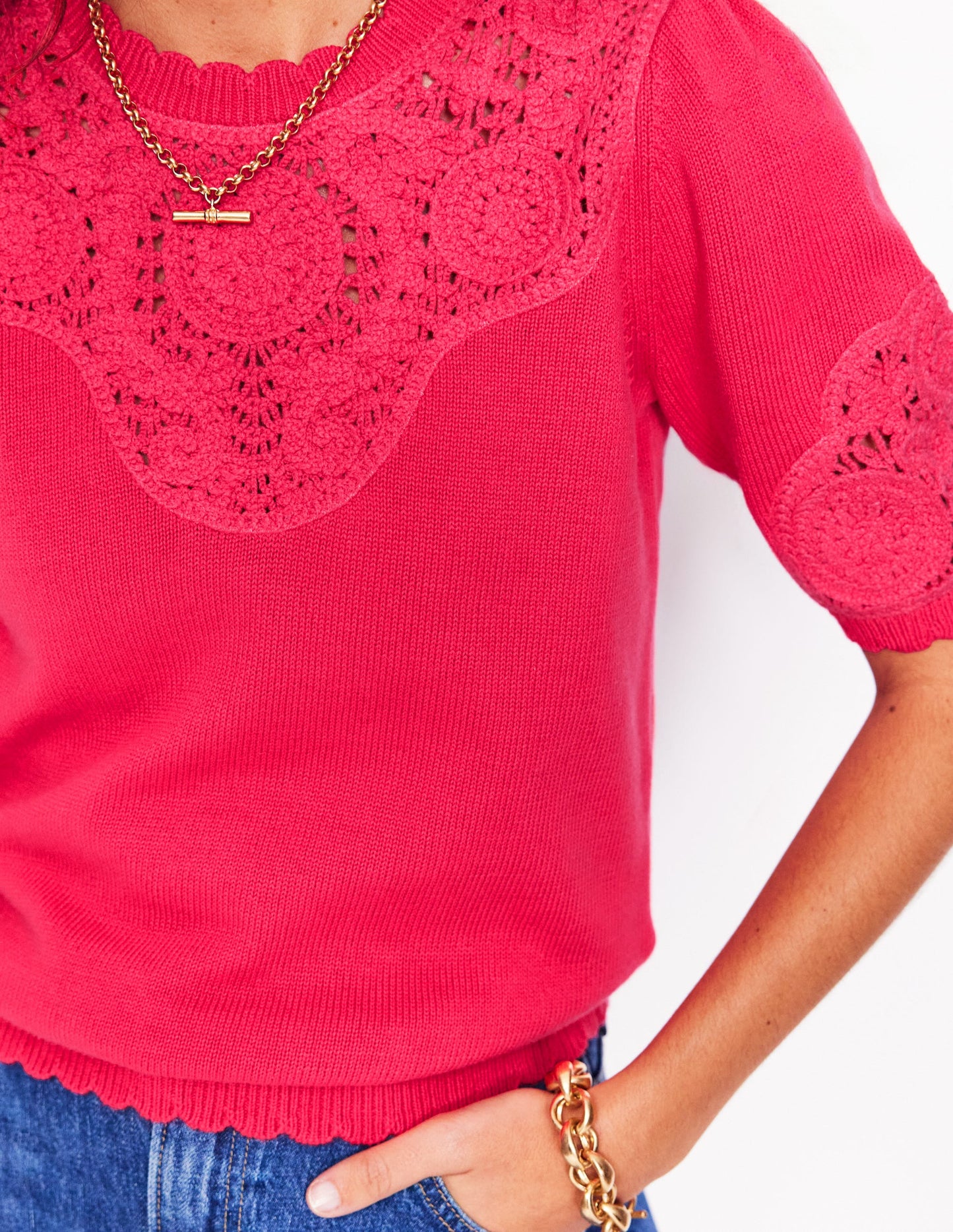 Embroidered Yoke Knitted Tee-Camelia Pink