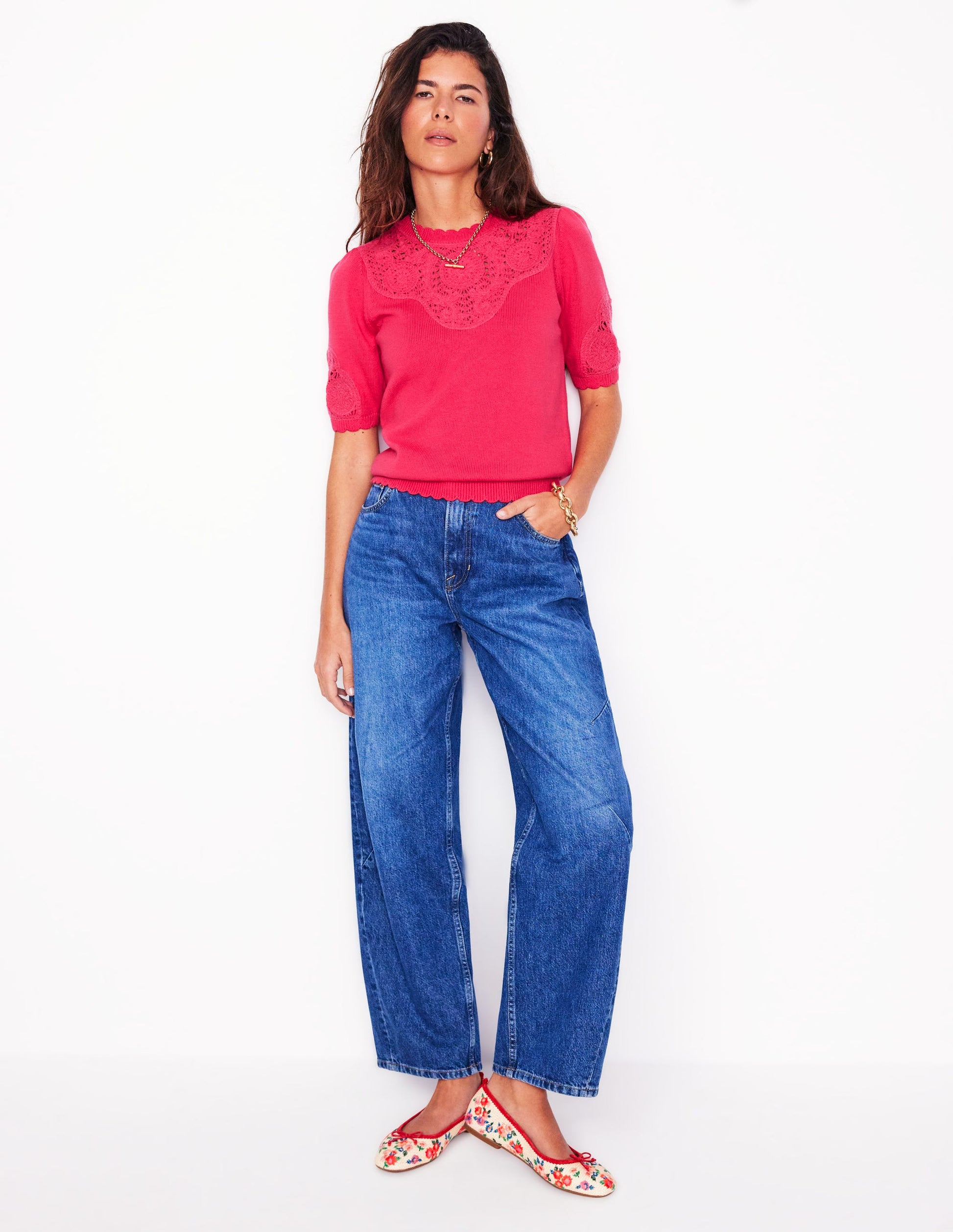 Embroidered Yoke Knitted Tee-Camelia Pink-4