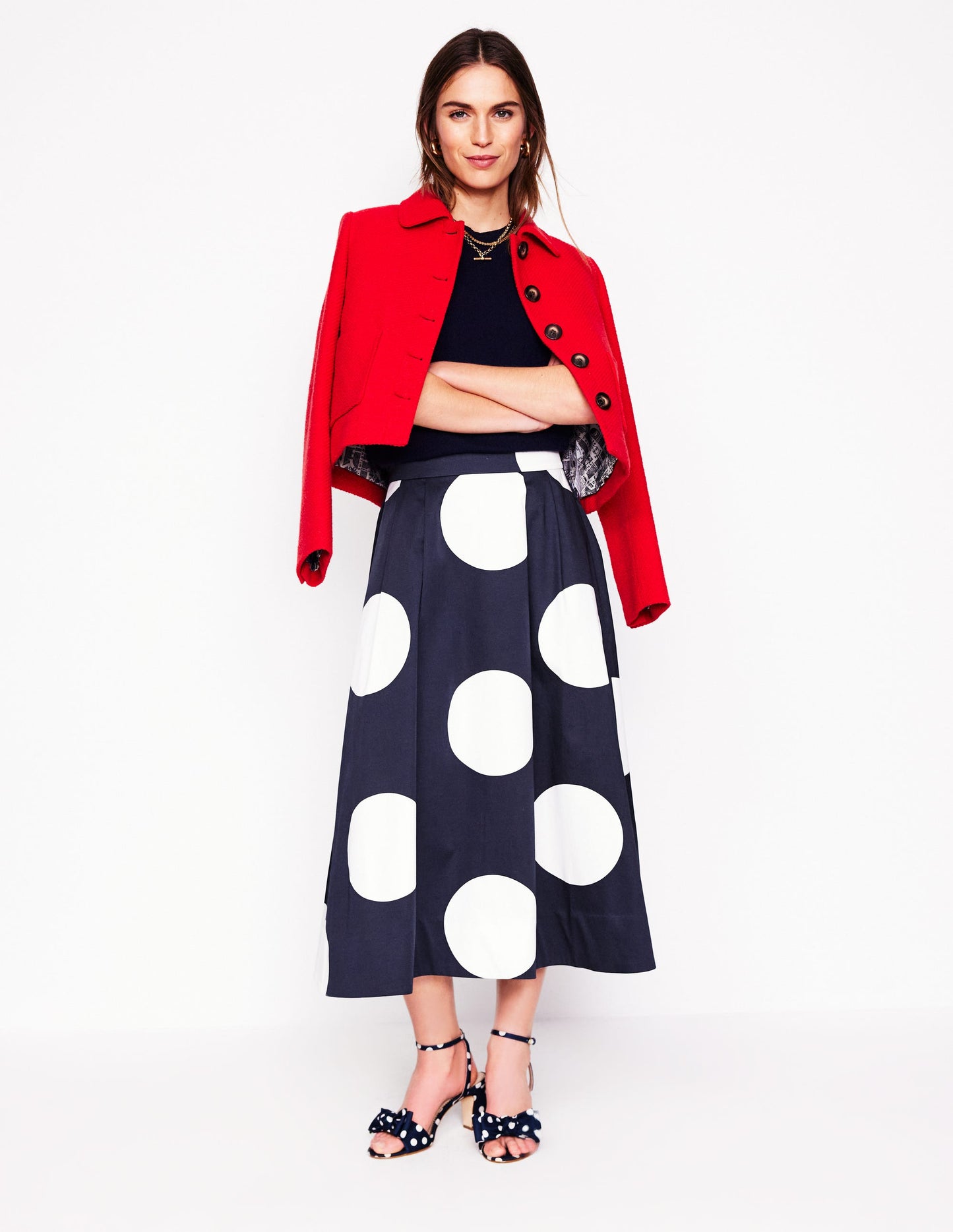 Isabella Cotton Sateen Skirt-Navy Spots