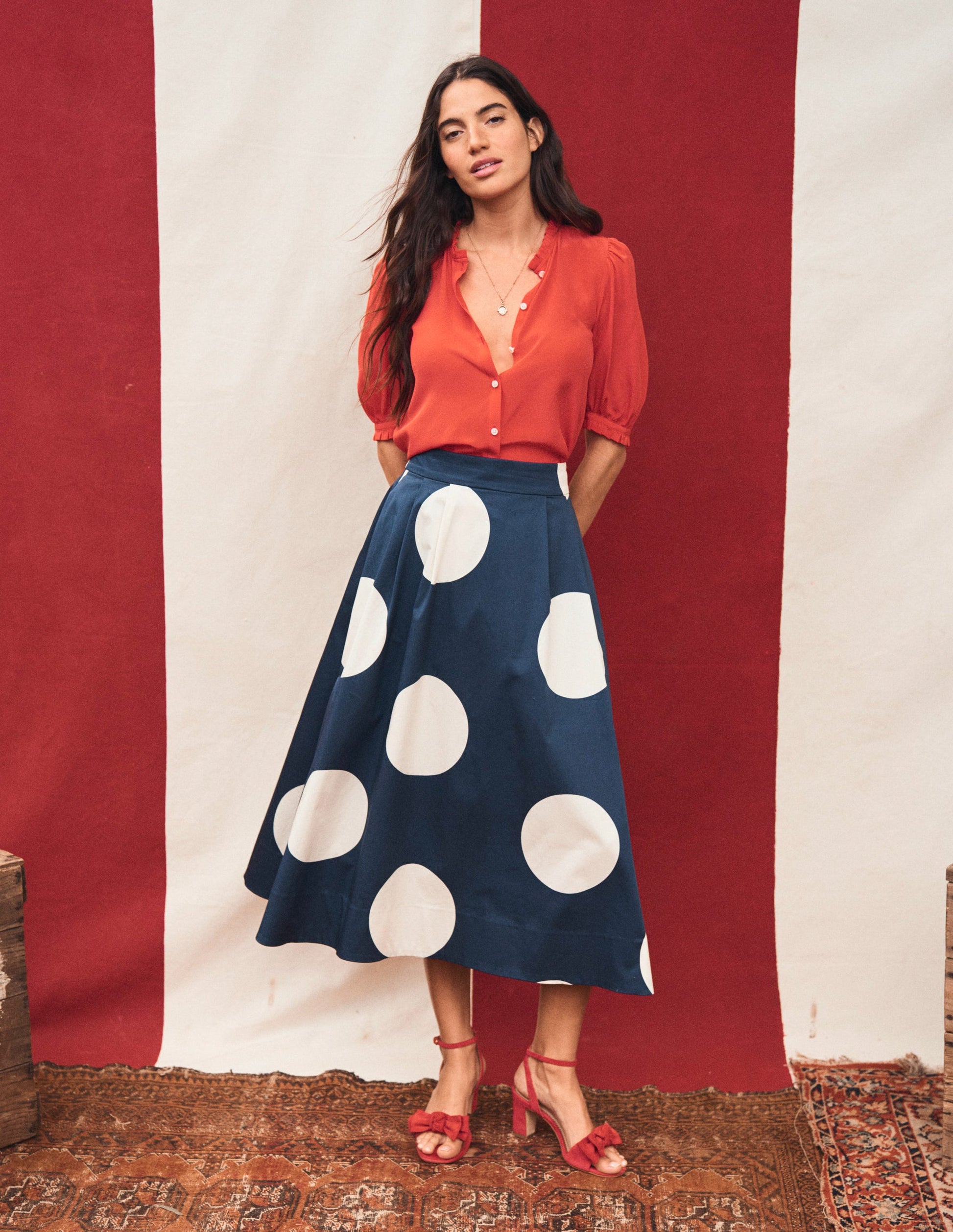 Isabella Cotton Sateen Skirt-Navy Spots-2