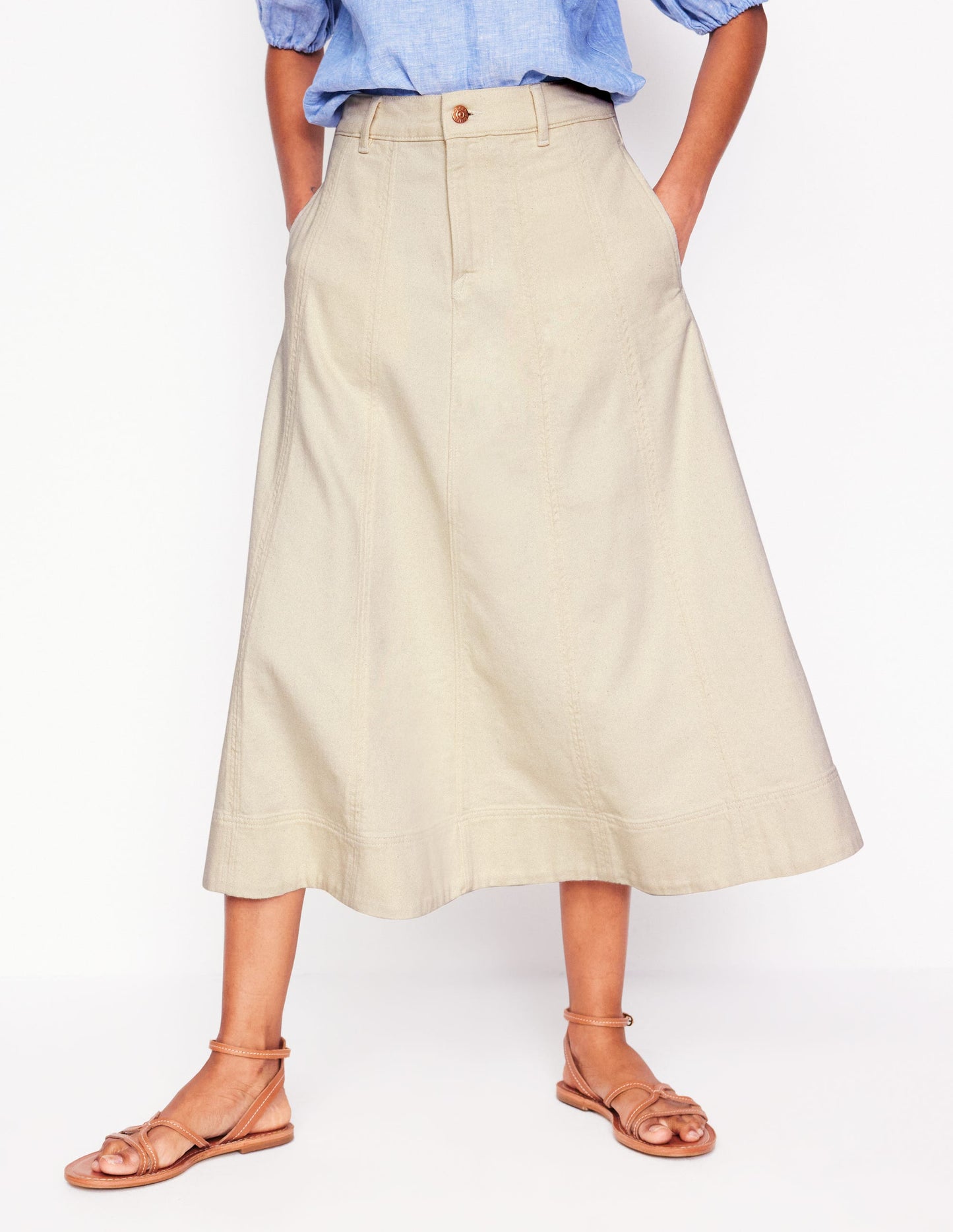 Panelled Full Denim Skirt-Ecru