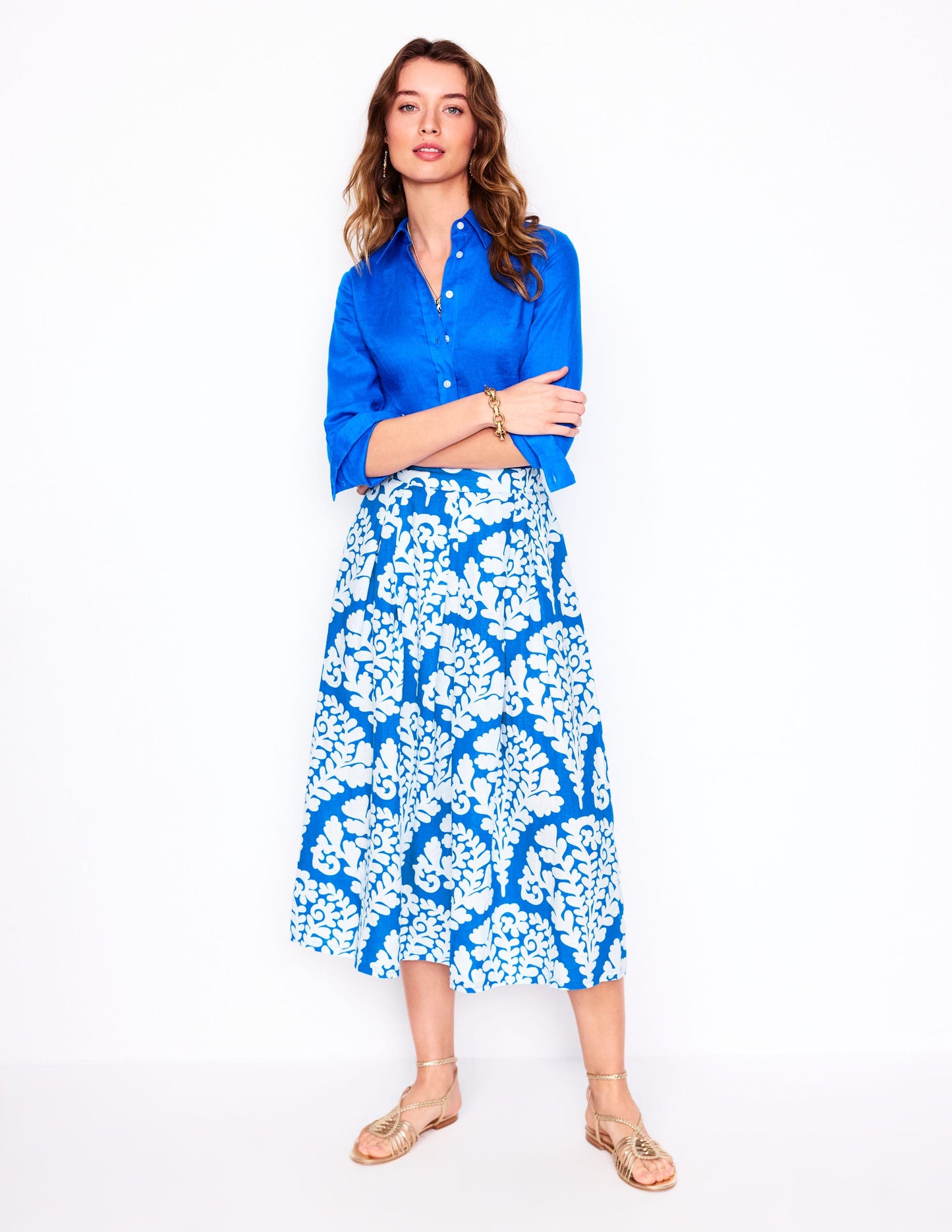 Verity Linen Midi Skirt-Cerulean Blue, Blossomy
