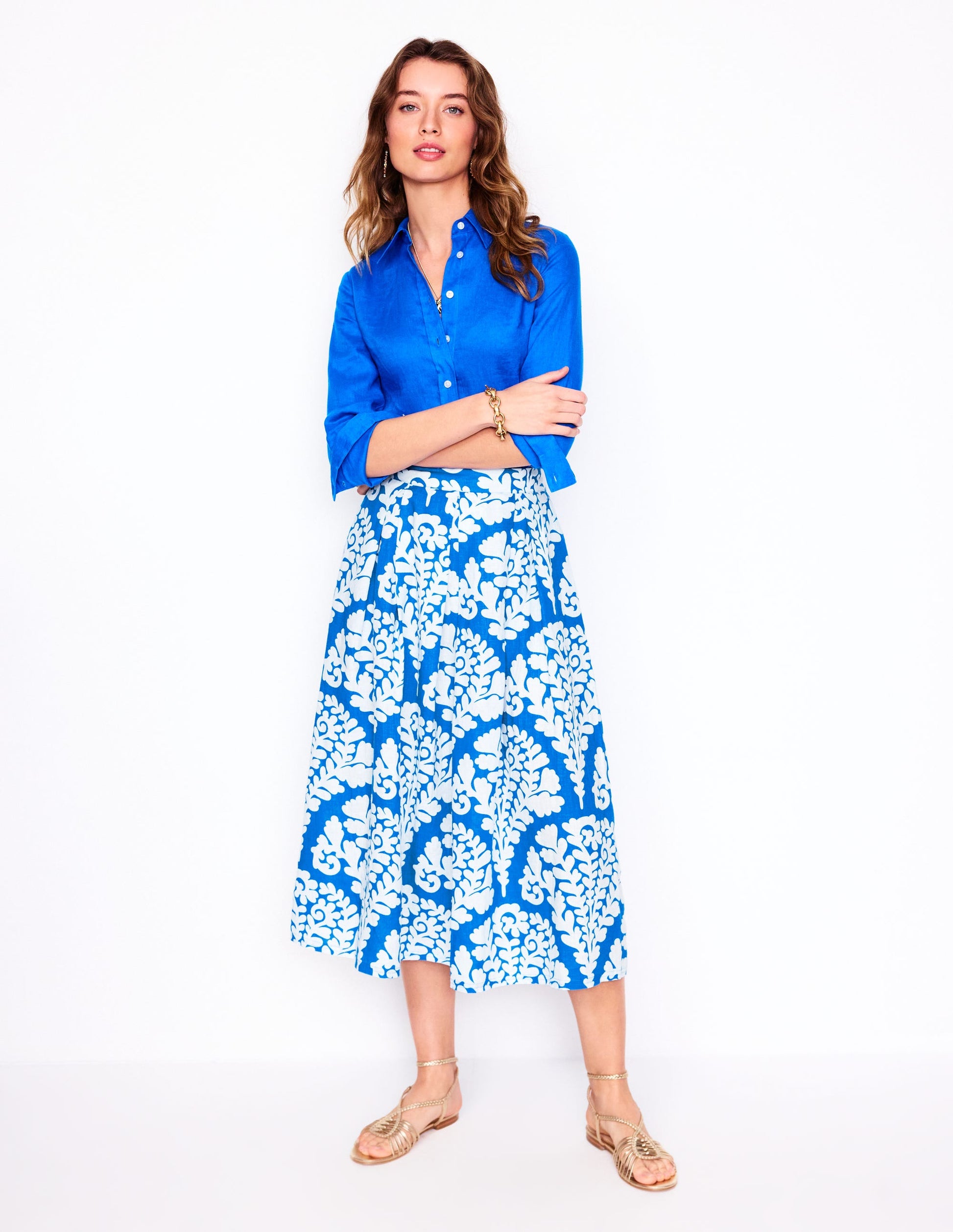 Verity Linen Midi Skirt-Cerulean Blue, Blossomy-1