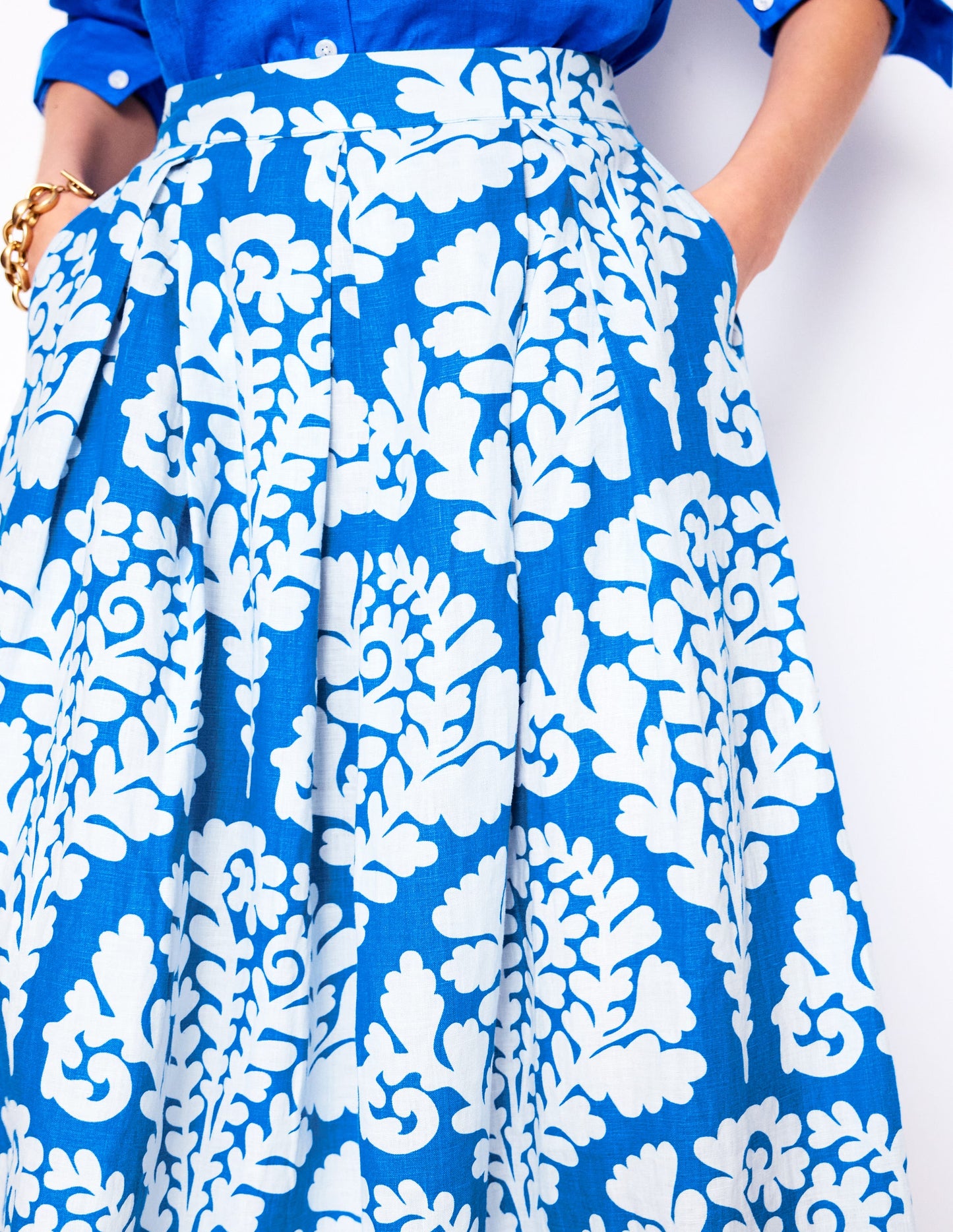 Verity Linen Midi Skirt-Cerulean Blue, Blossomy