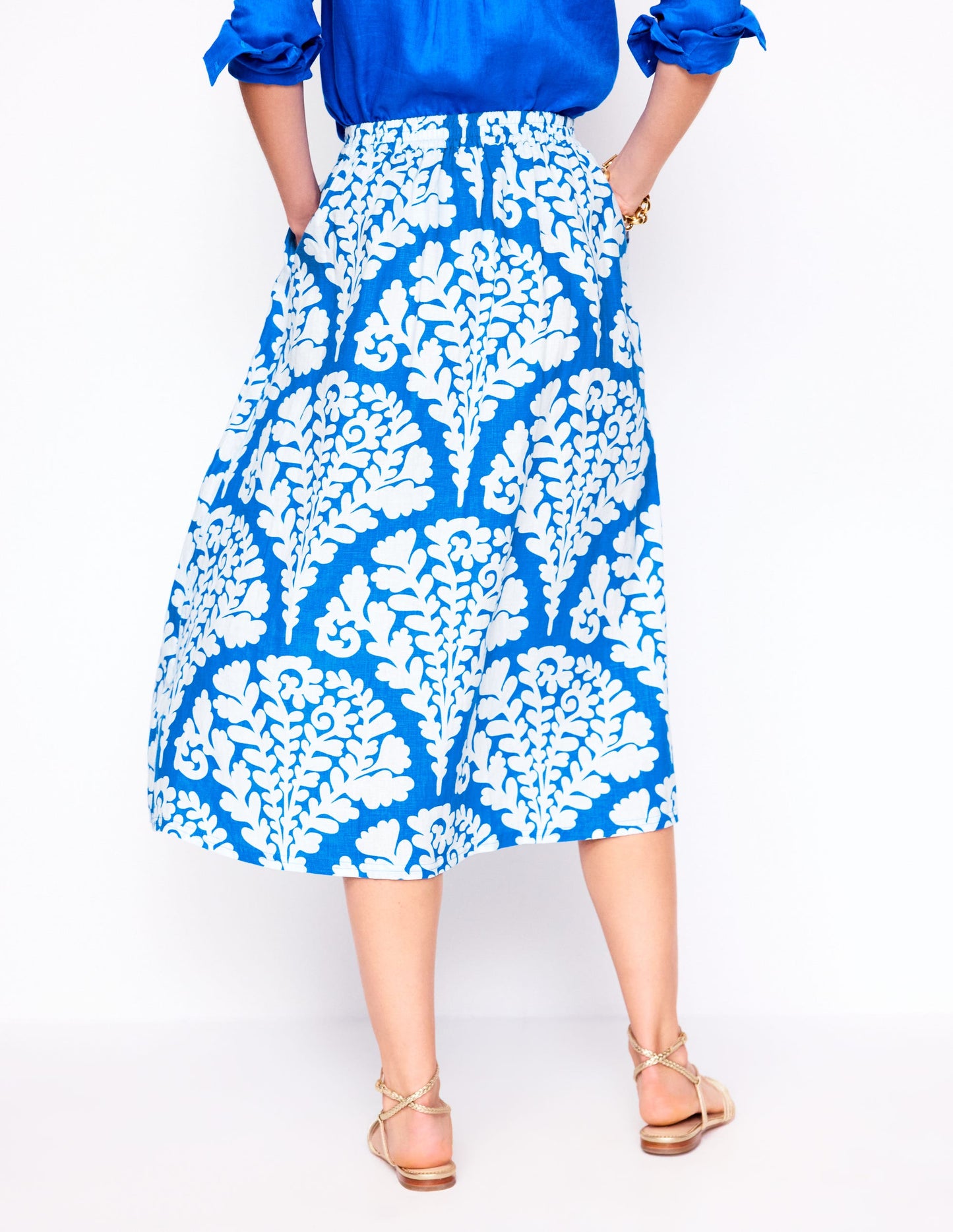 Verity Linen Midi Skirt-Cerulean Blue, Blossomy