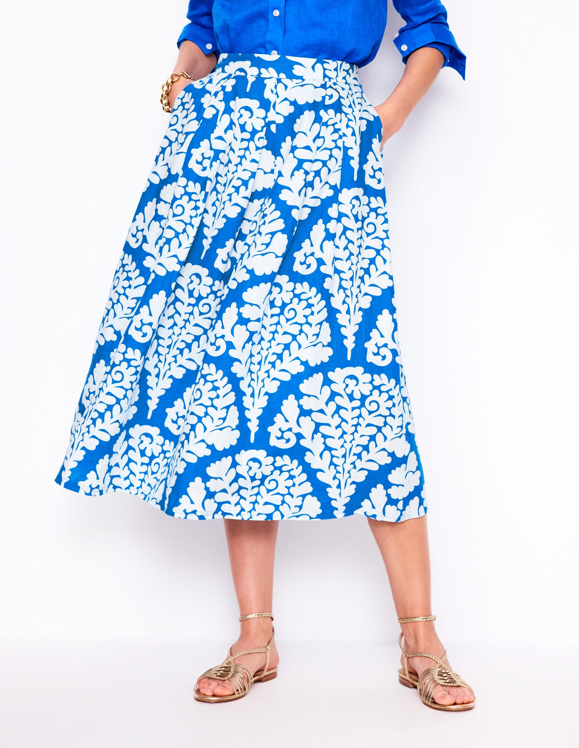 Verity Linen Midi Skirt-Cerulean Blue, Blossomy-3