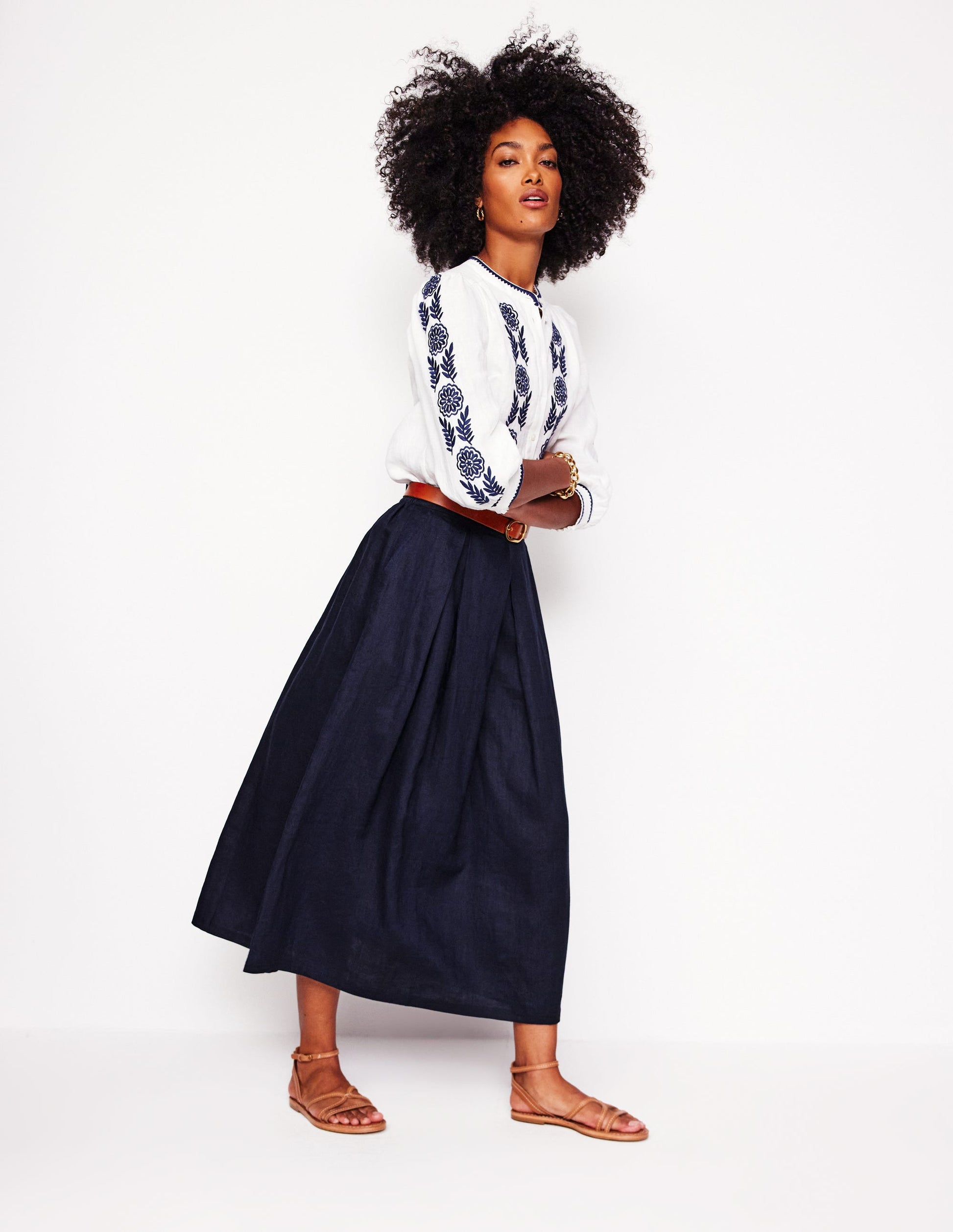 Verity Linen Midi Skirt-Navy-1