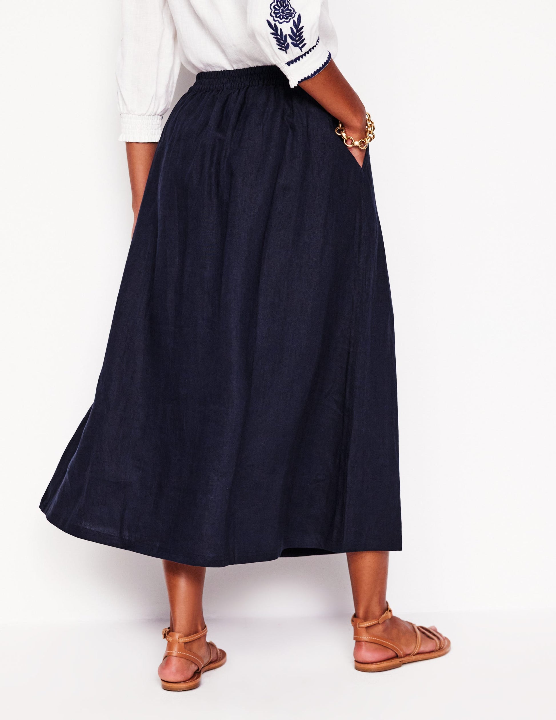 Verity Linen Midi Skirt-Navy-3