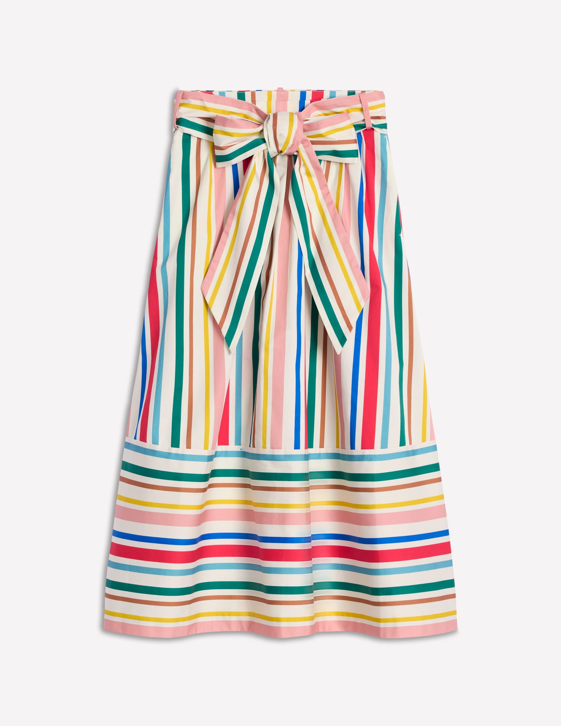 Tie Belt Sateen Midi Skirt-Ivory Varigated Rainbow Stripe-7