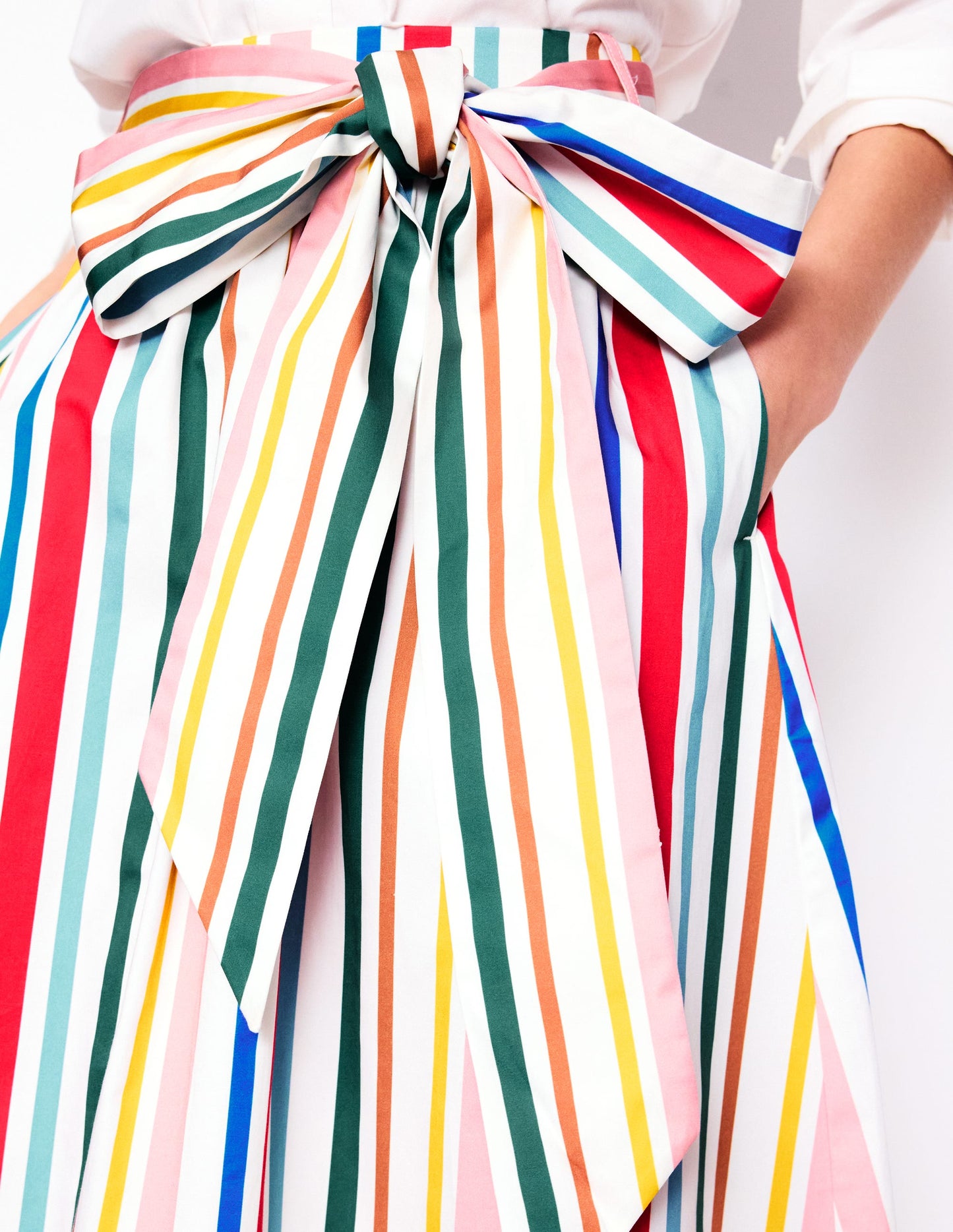 Tie Belt Sateen Midi Skirt-Ivory Varigated Rainbow Stripe