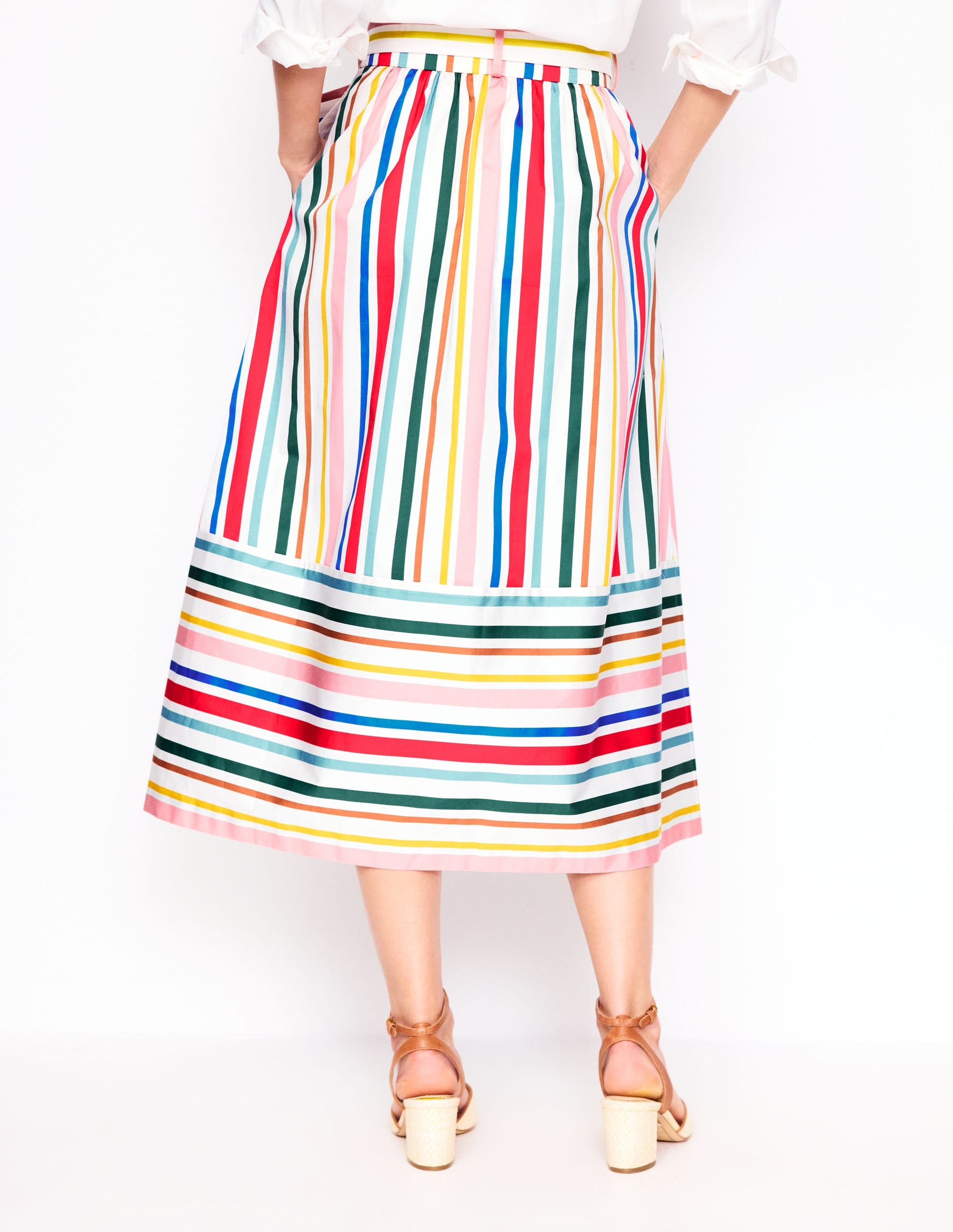 Tie Belt Sateen Midi Skirt-Ivory Varigated Rainbow Stripe-3