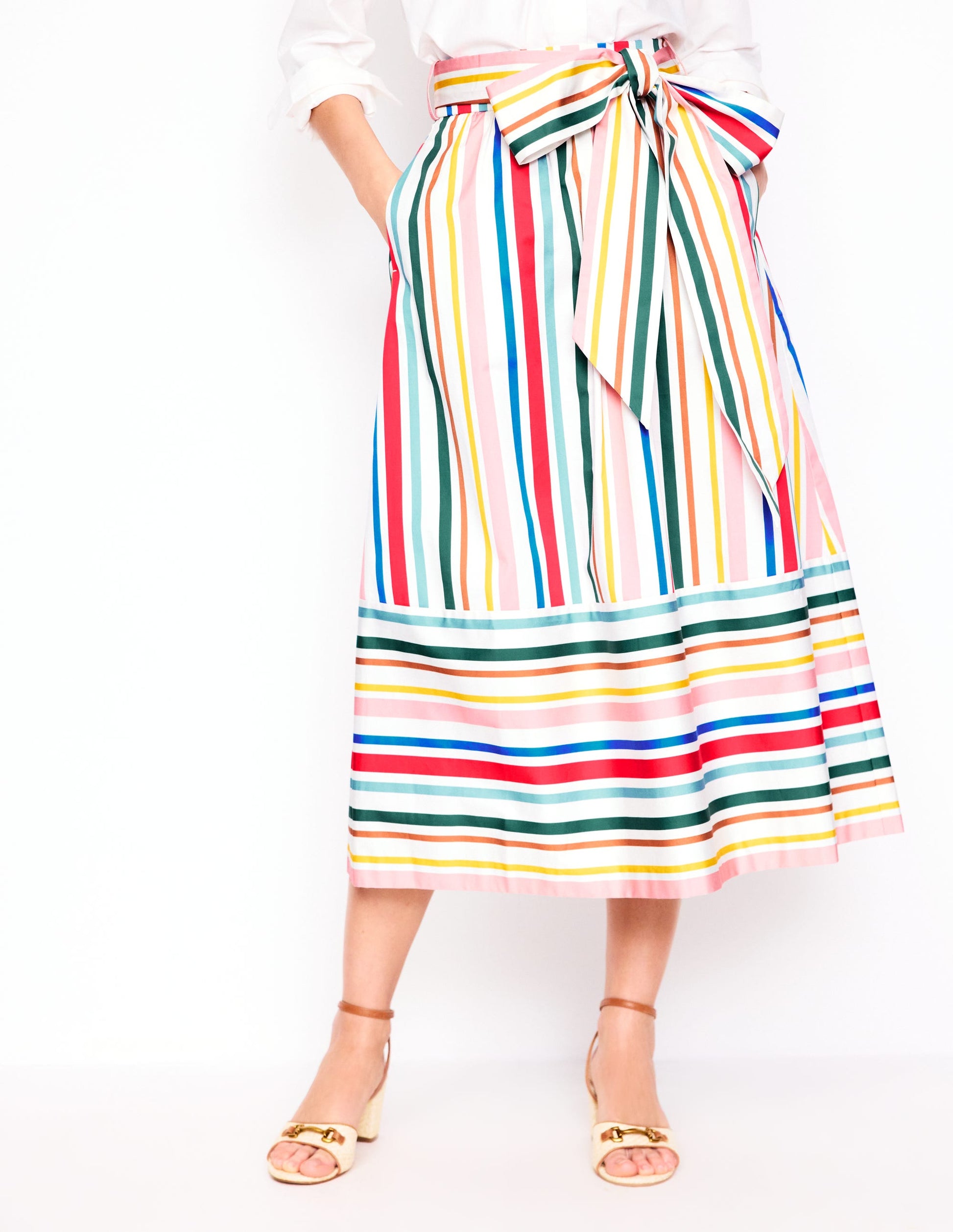 Tie Belt Sateen Midi Skirt-Ivory Varigated Rainbow Stripe-4