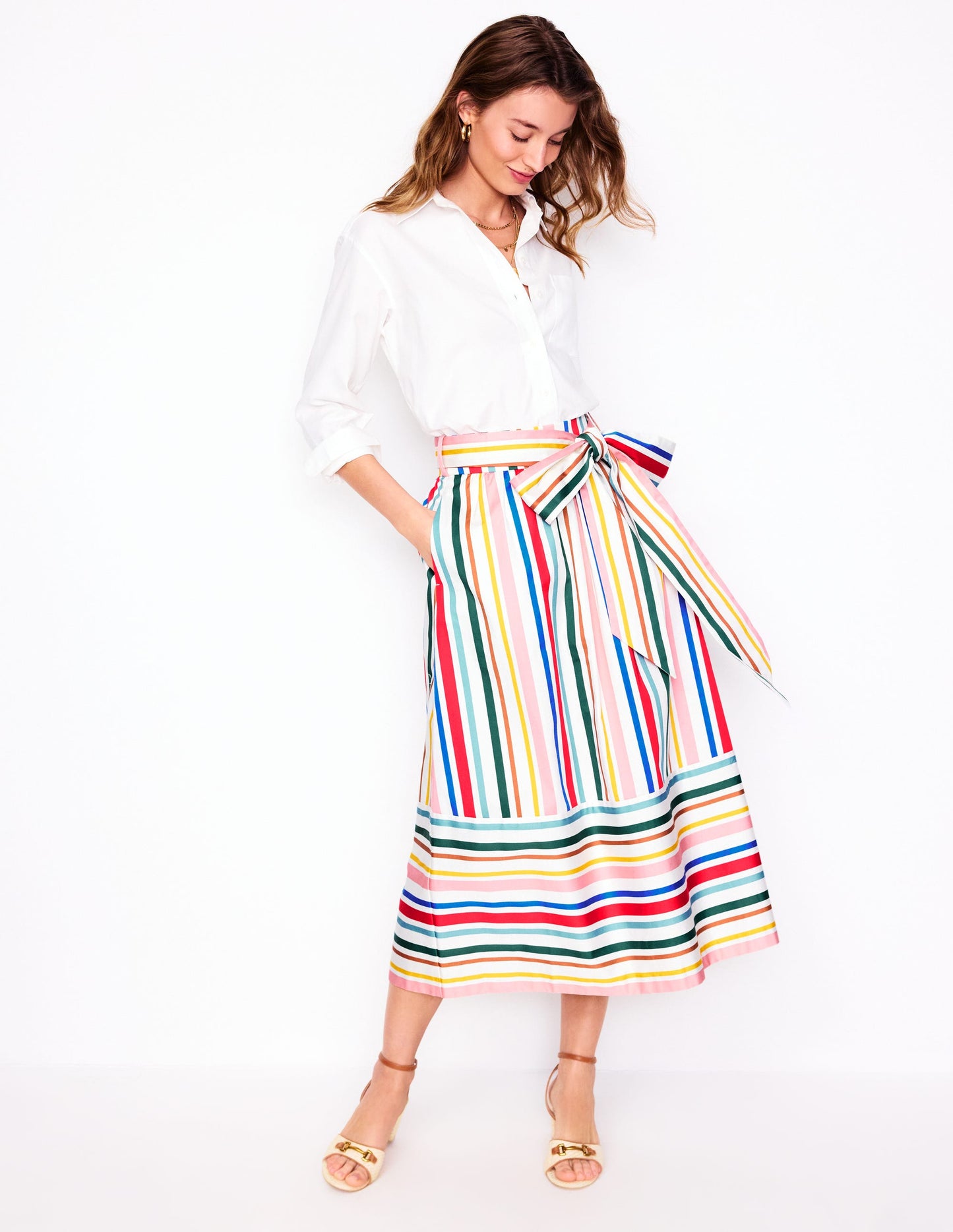 Tie Belt Sateen Midi Skirt-Ivory Varigated Rainbow Stripe