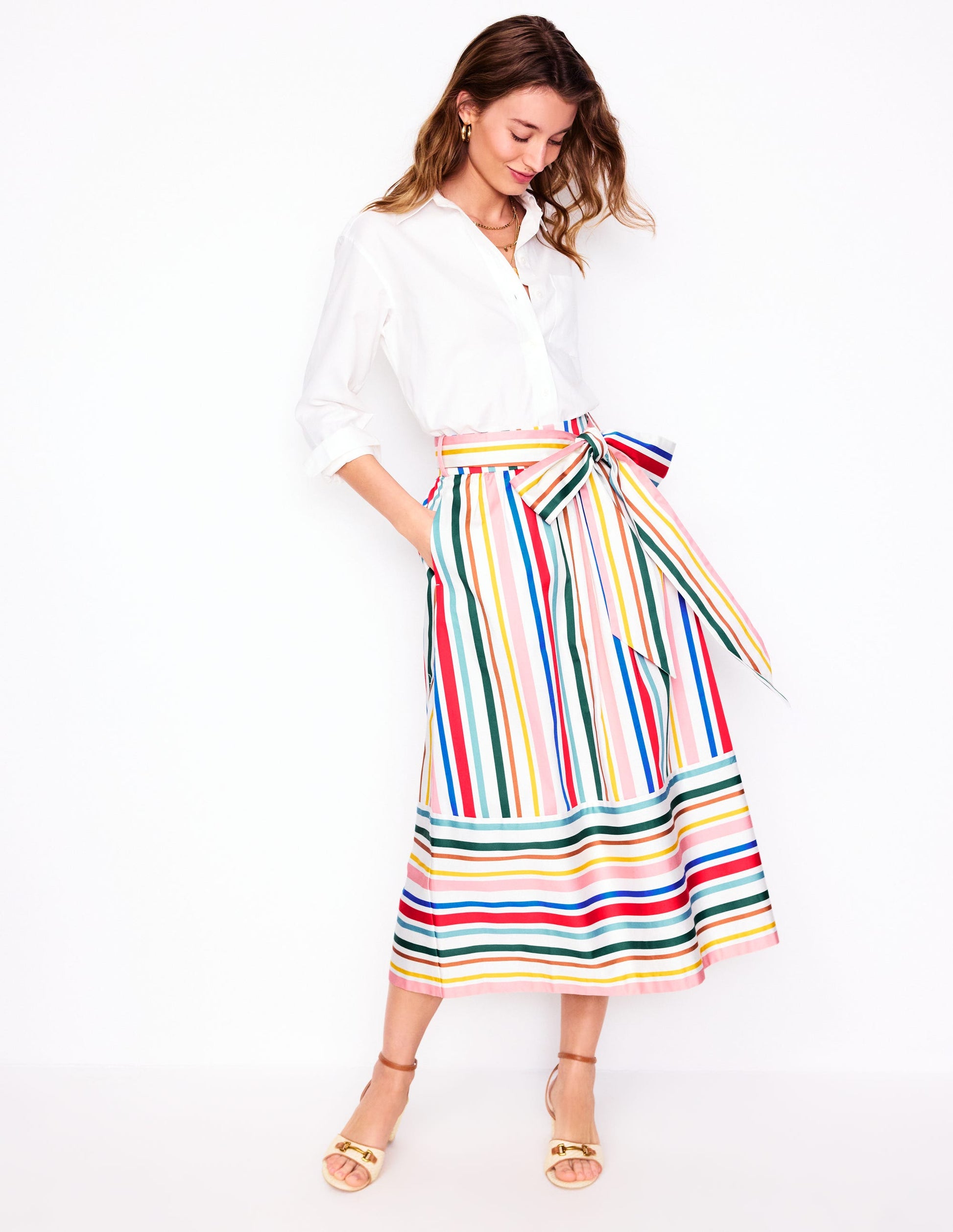 Tie Belt Sateen Midi Skirt-Ivory Varigated Rainbow Stripe-5