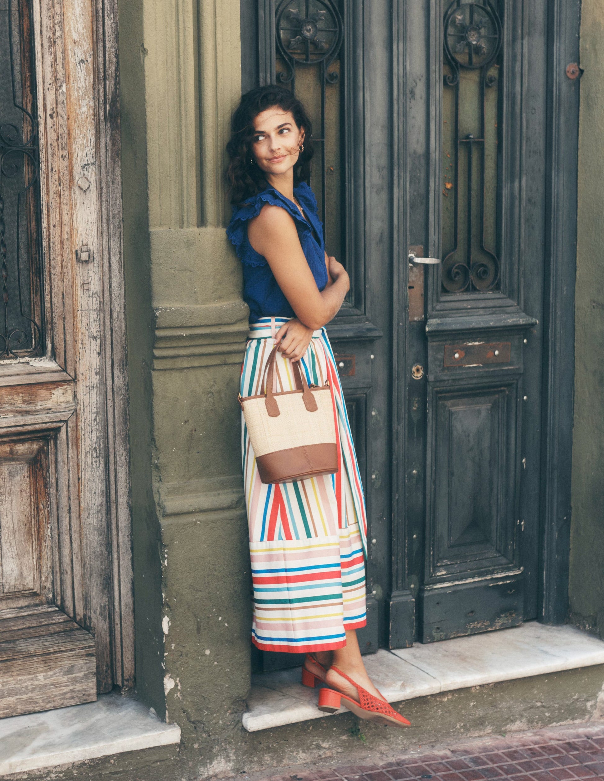 Tie Belt Sateen Midi Skirt-Ivory Varigated Rainbow Stripe-6