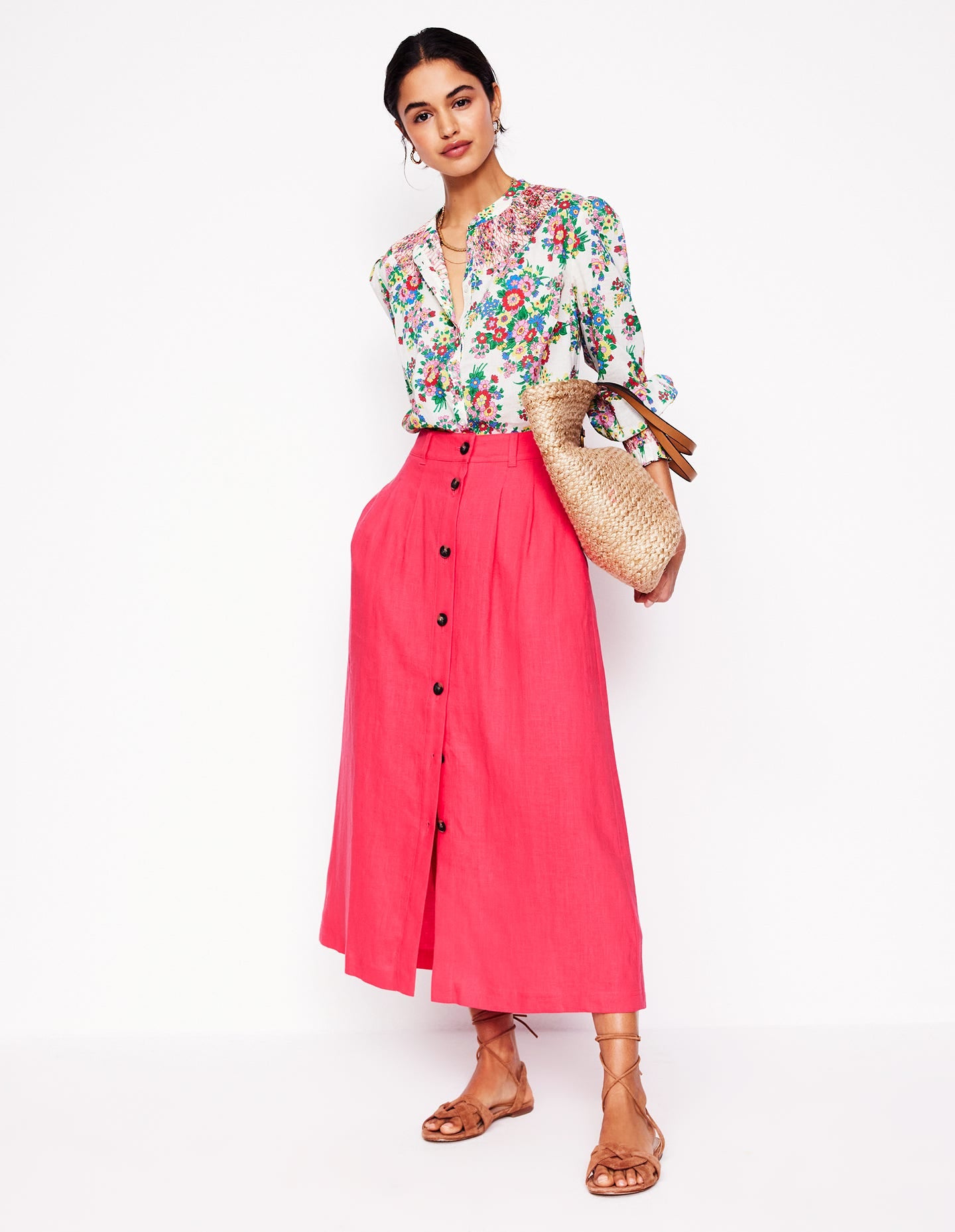 Thomasina Linen Midi Skirt-Camelia Pink