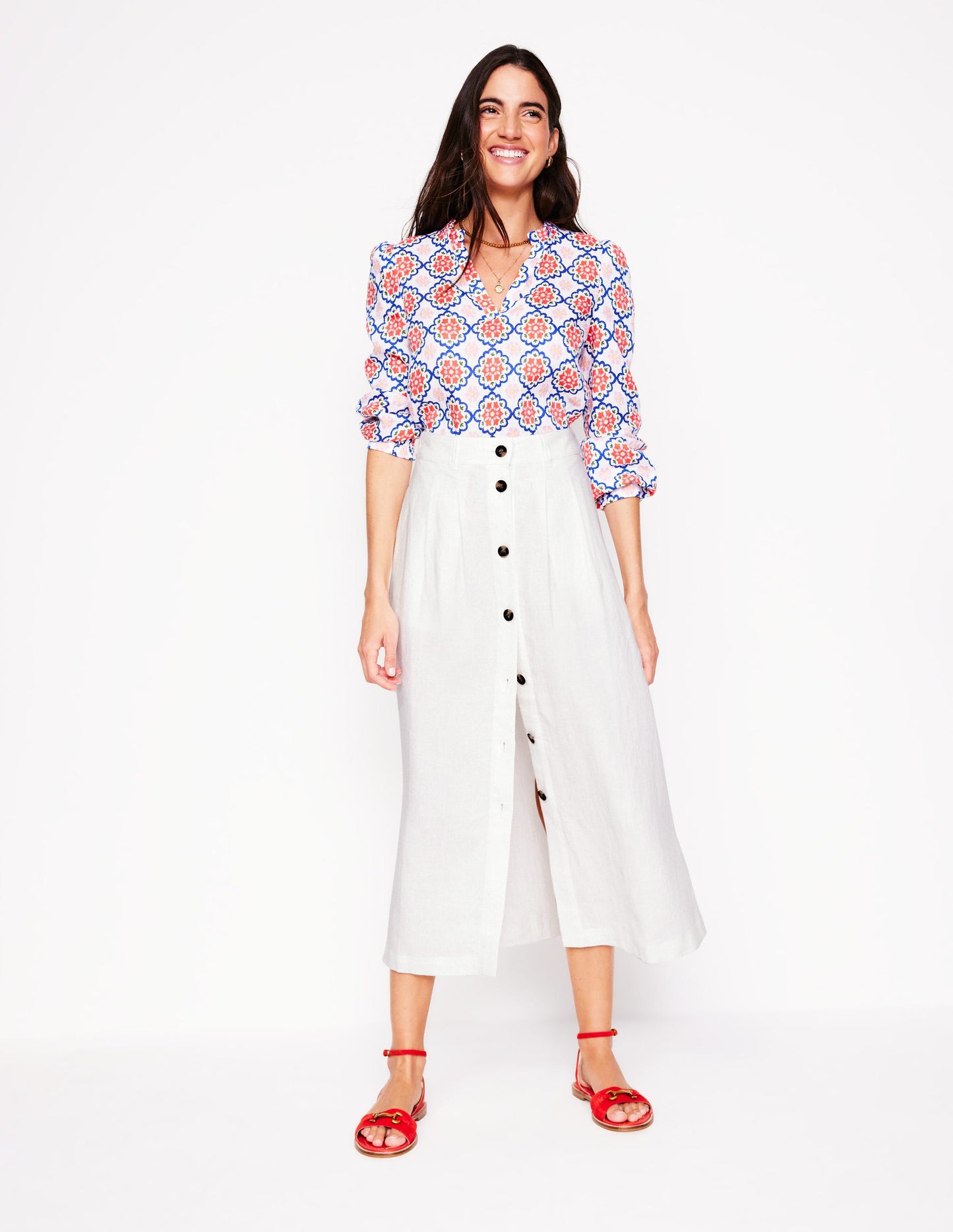 Thomasina Linen Midi Skirt-White