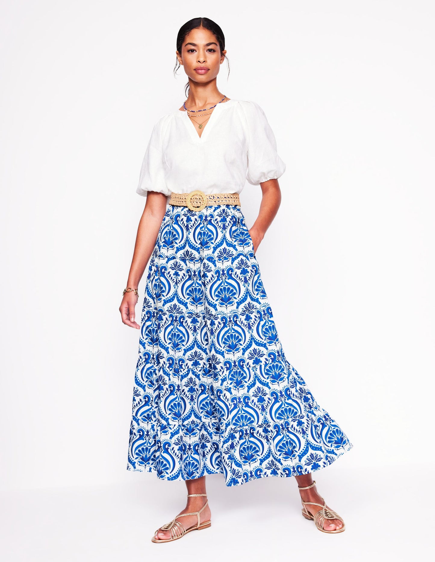 Nadia Poplin Maxi Skirt-Blue, Ornamental Floral