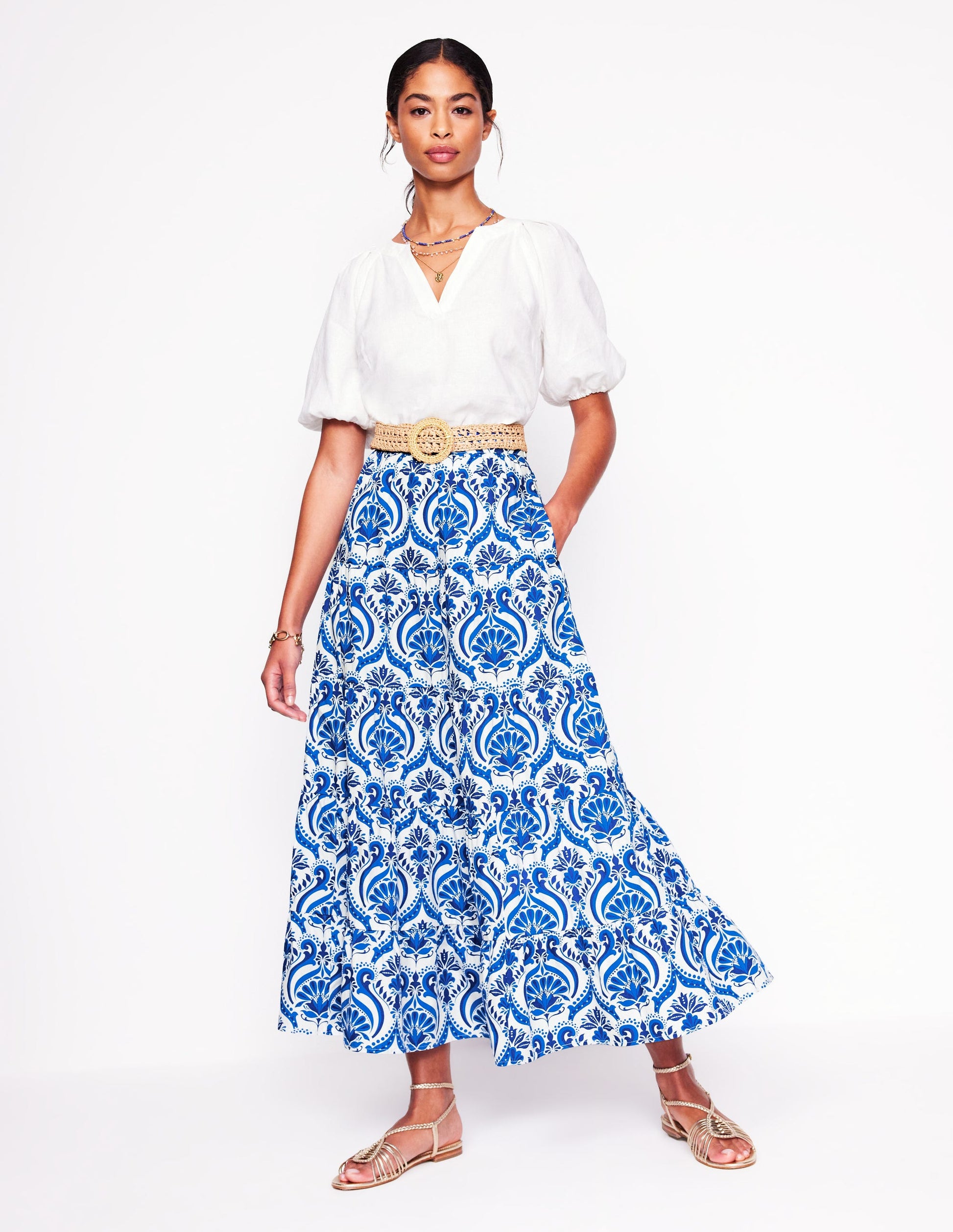 Nadia Poplin Maxi Skirt-Blue, Ornamental Floral-1