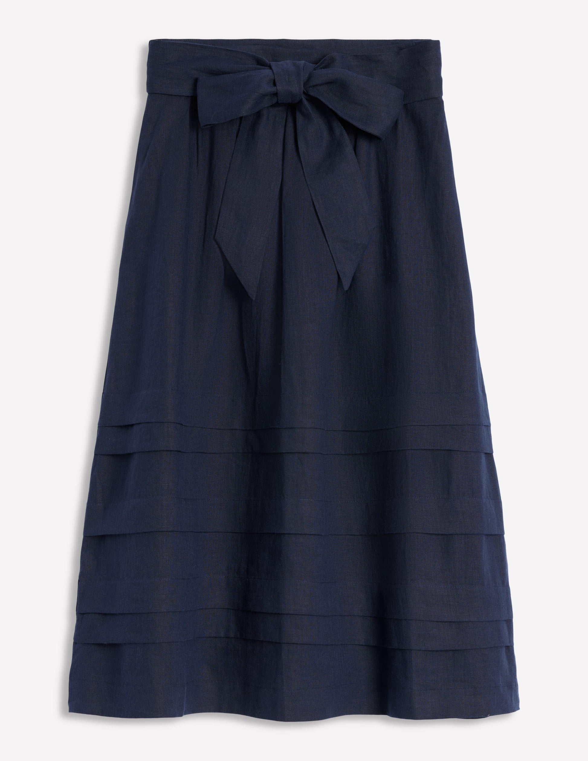 Pintuck Linen Midi Skirt-Navy-5