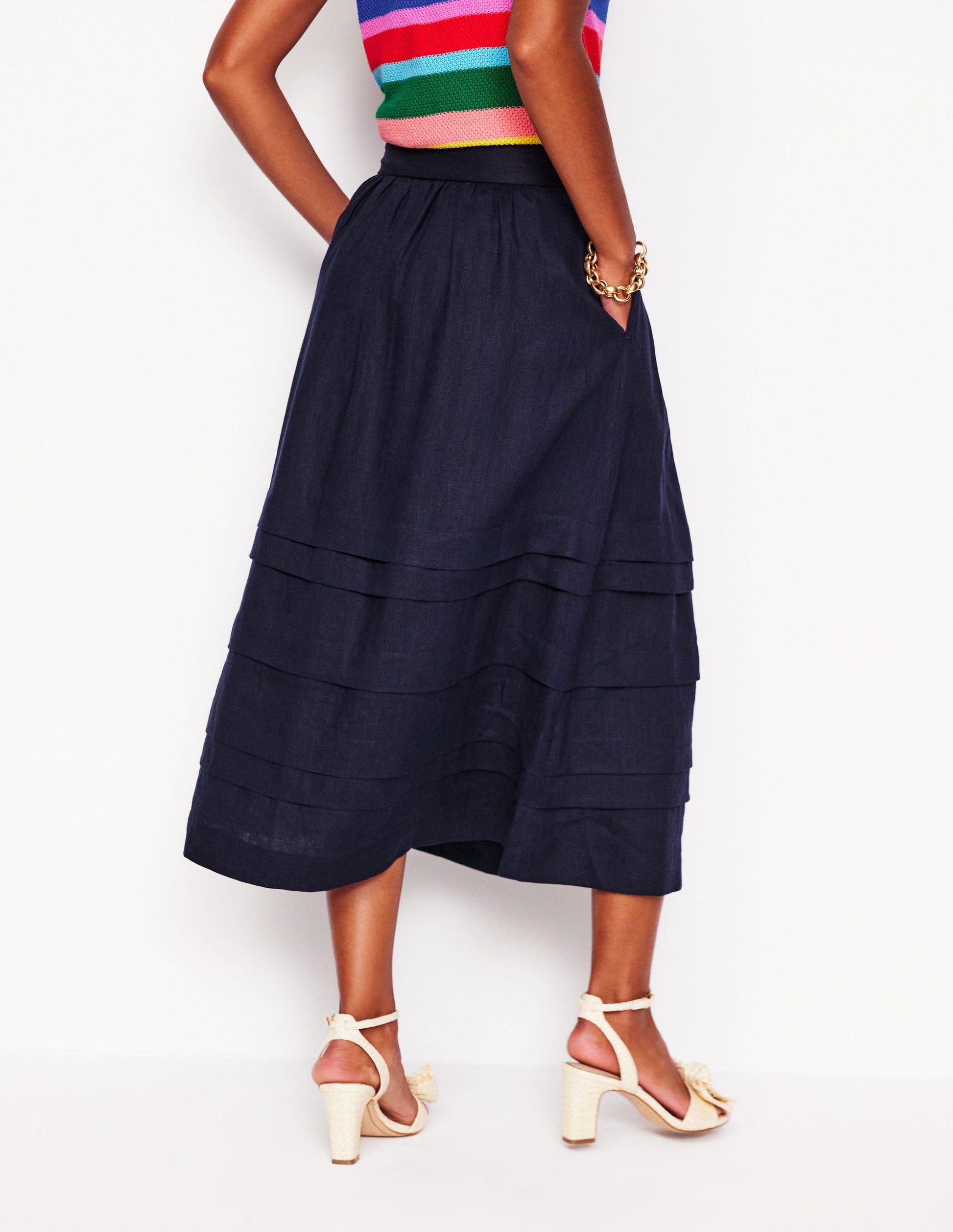 Pintuck Linen Midi Skirt-Navy-3
