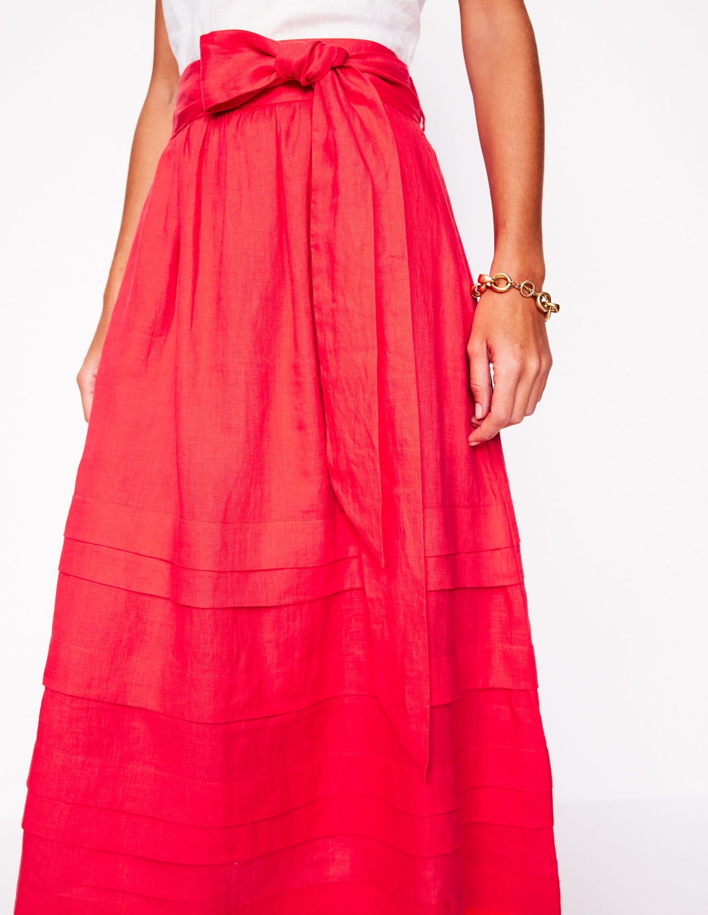 Pintuck Linen Midi Skirt-Strawberry Tart Red