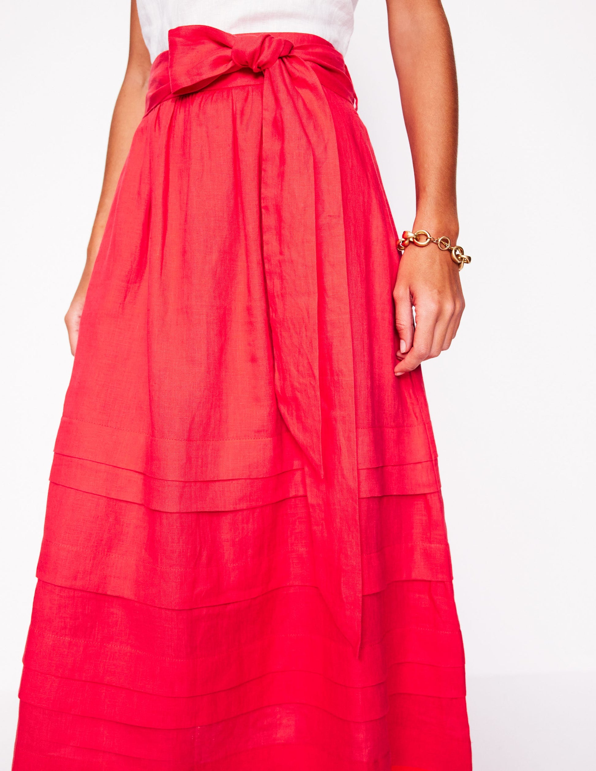 Pintuck Linen Midi Skirt-Strawberry Tart Red-2