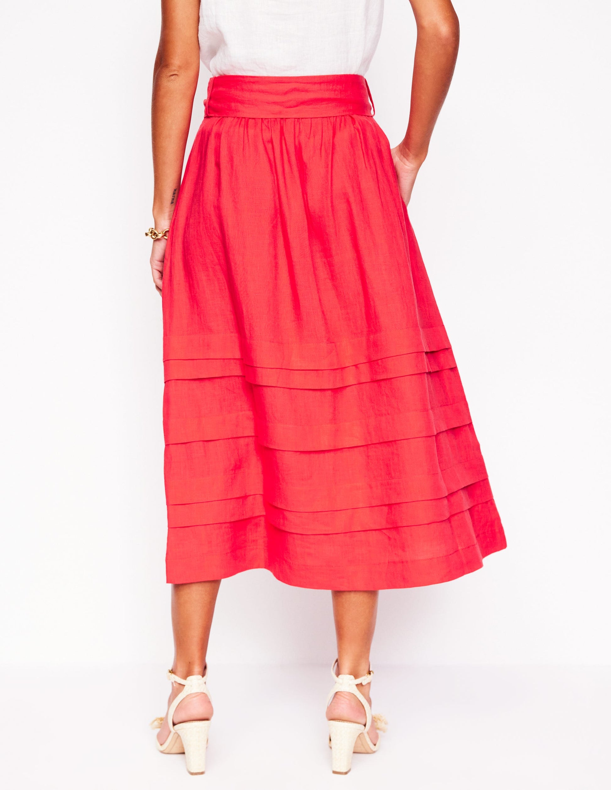 Pintuck Linen Midi Skirt-Strawberry Tart Red-3
