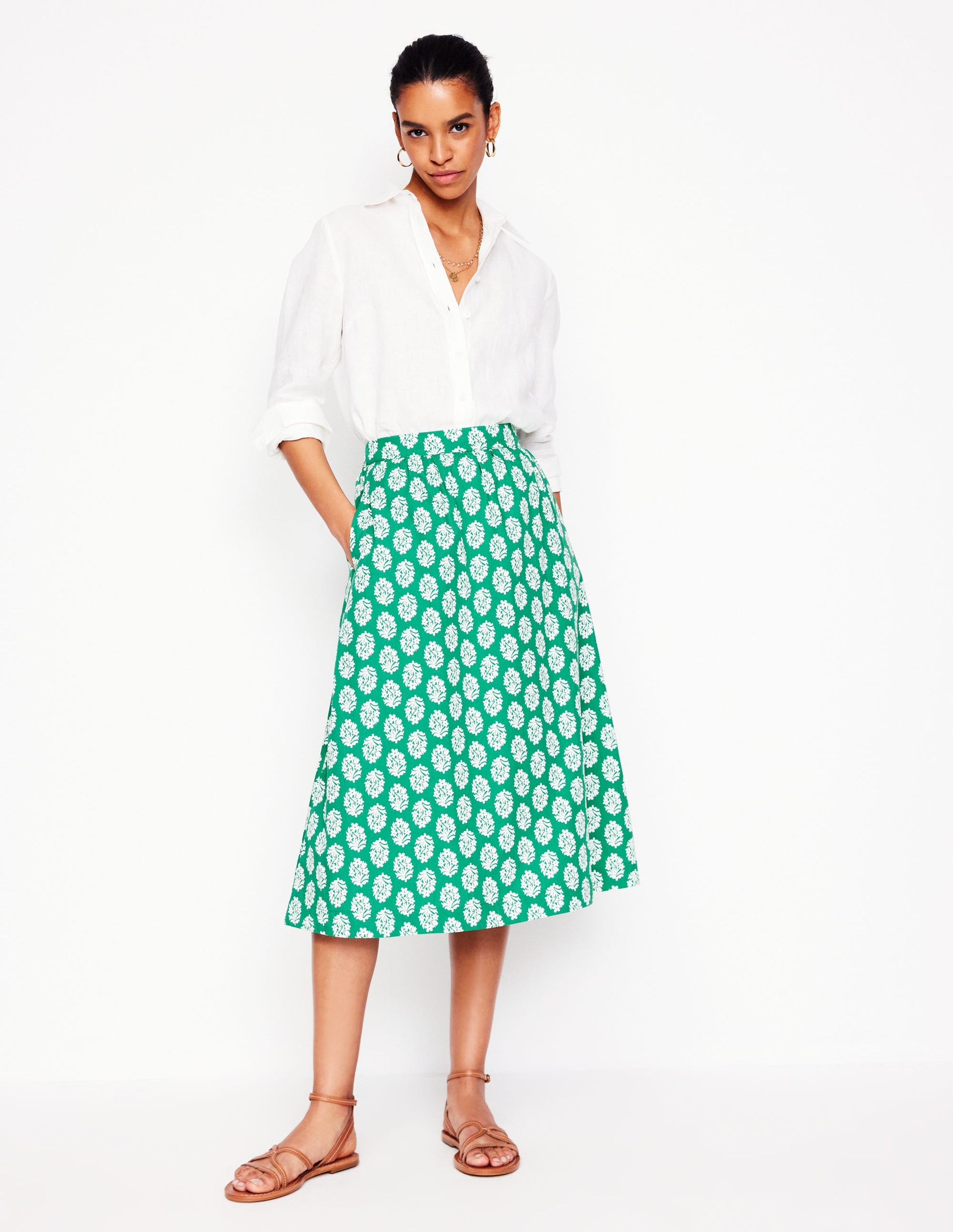 Hattie Poplin Midi Skirt-Rich Emerald, Posy Stamp-1