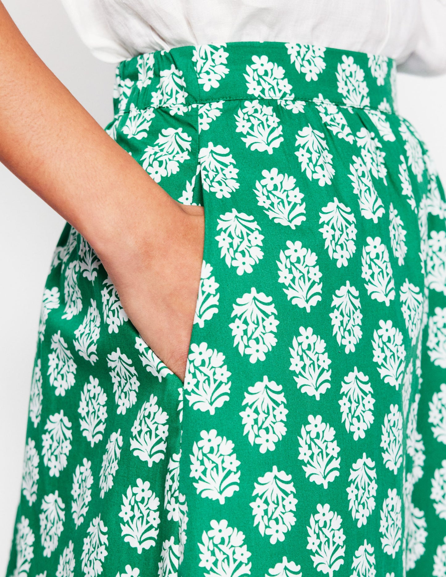 Hattie Poplin Midi Skirt-Rich Emerald, Posy Stamp