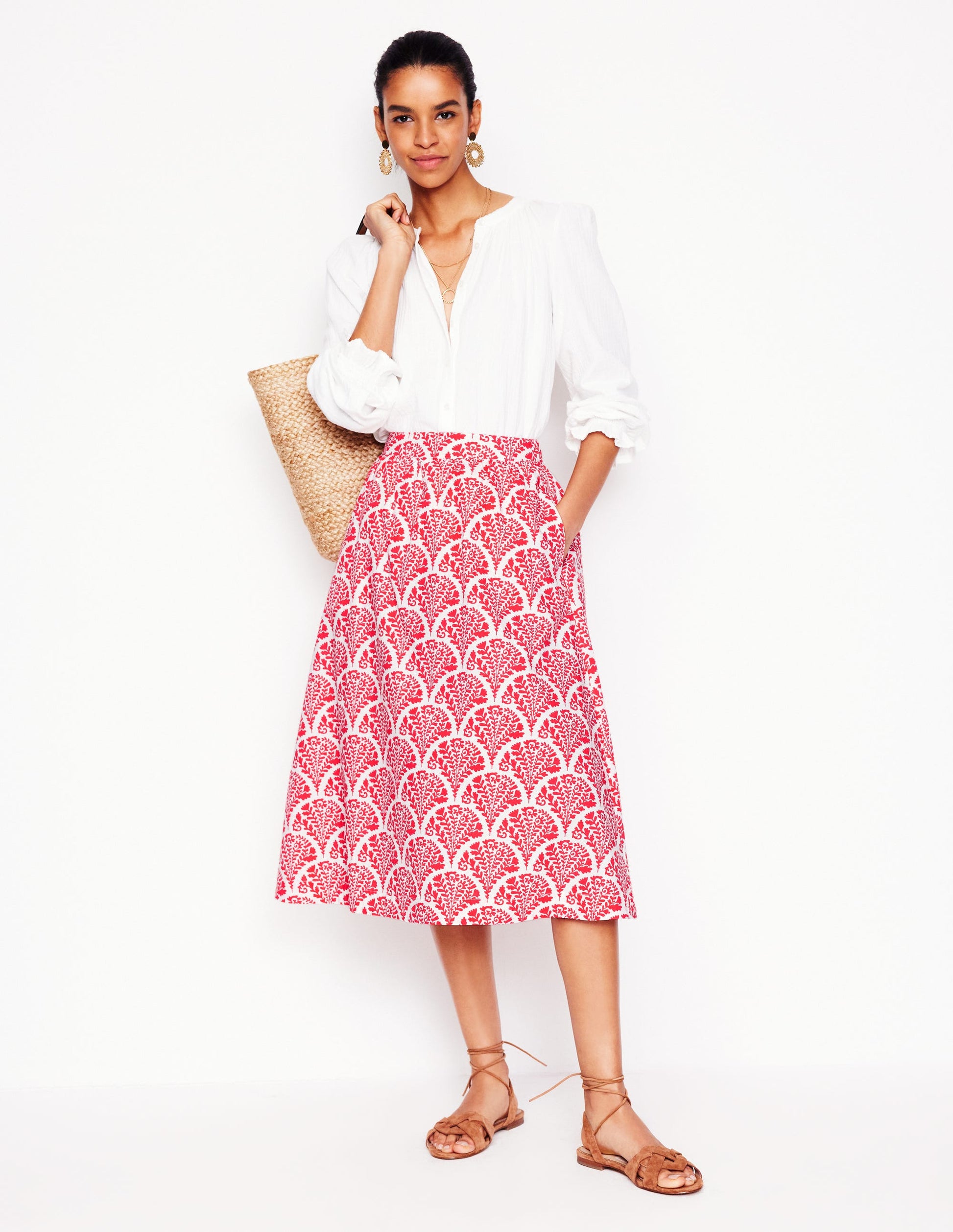 Hattie Poplin Midi Skirt-Jam Red, Blossomy-1