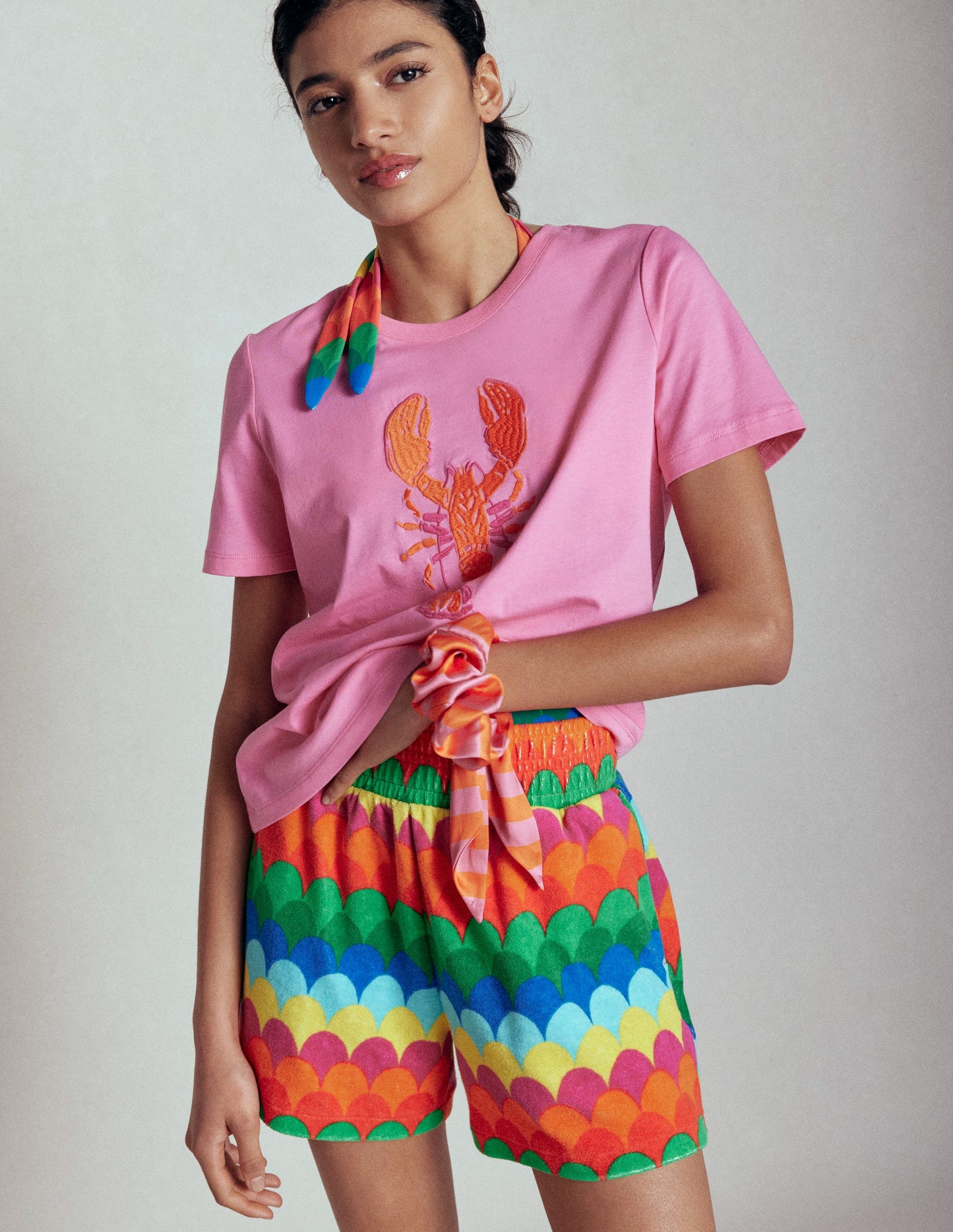 Smocked Towelling Short-Multi, Scallop Stripe