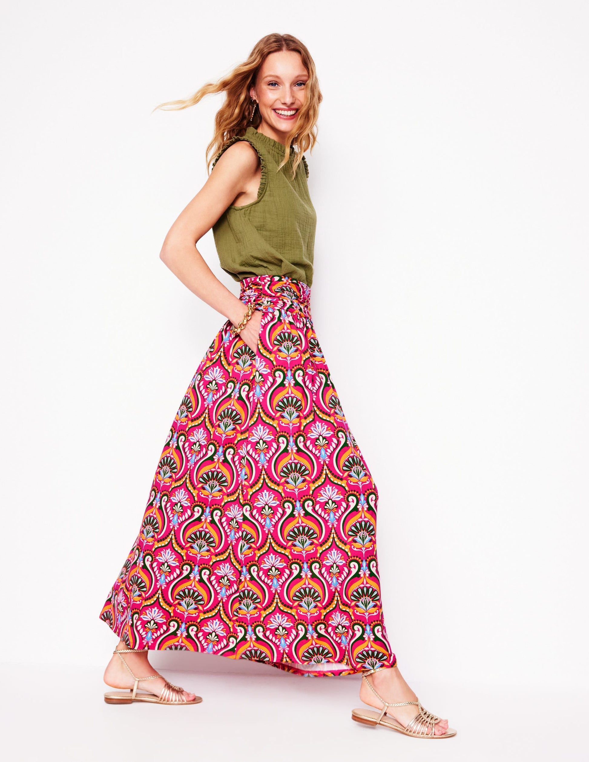 Rosaline Jersey Skirt-Pink Peony, Ornamental Floral-1