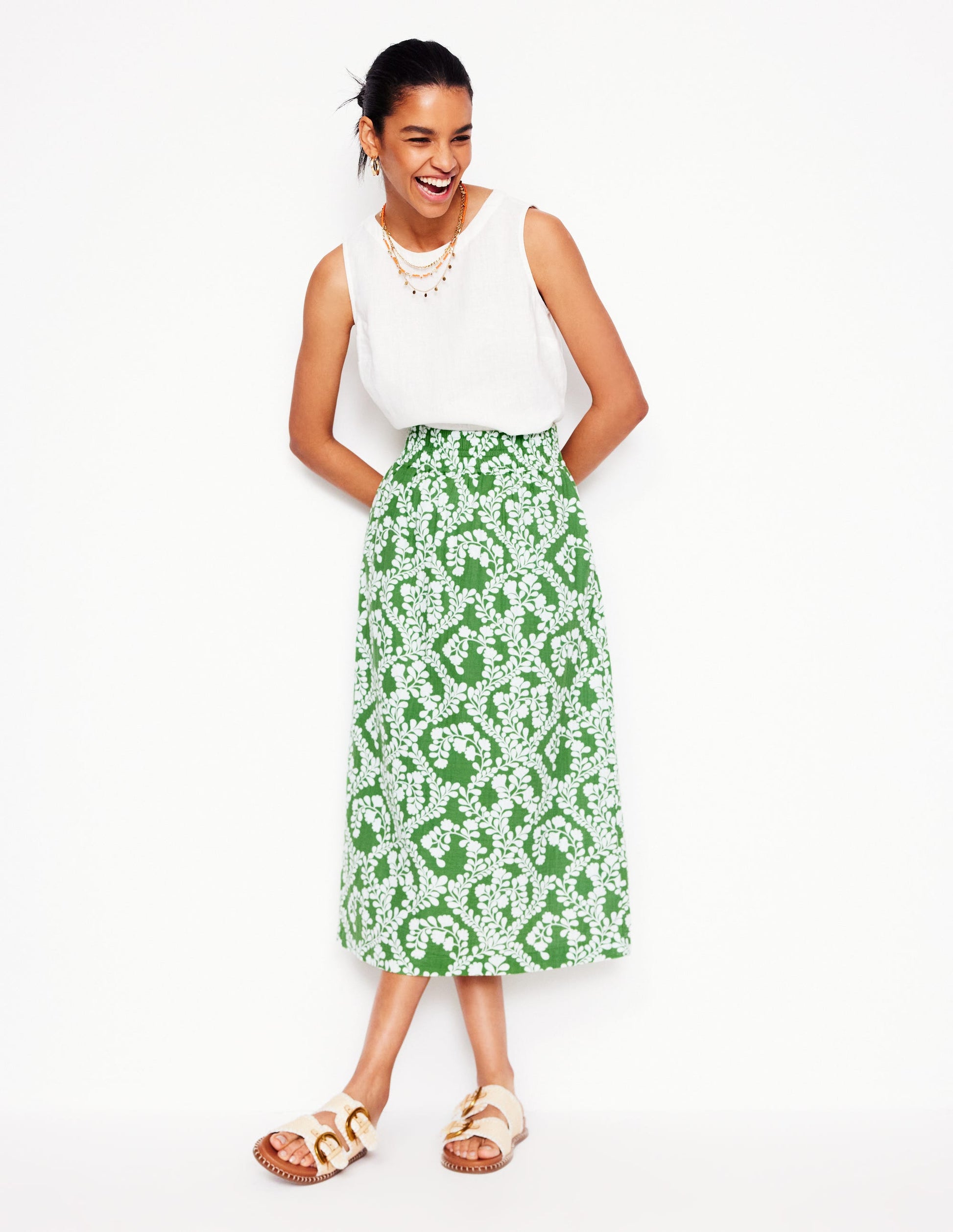 Double Cloth Smocked Skirt-Paradise Green,Vine Silhouette-1