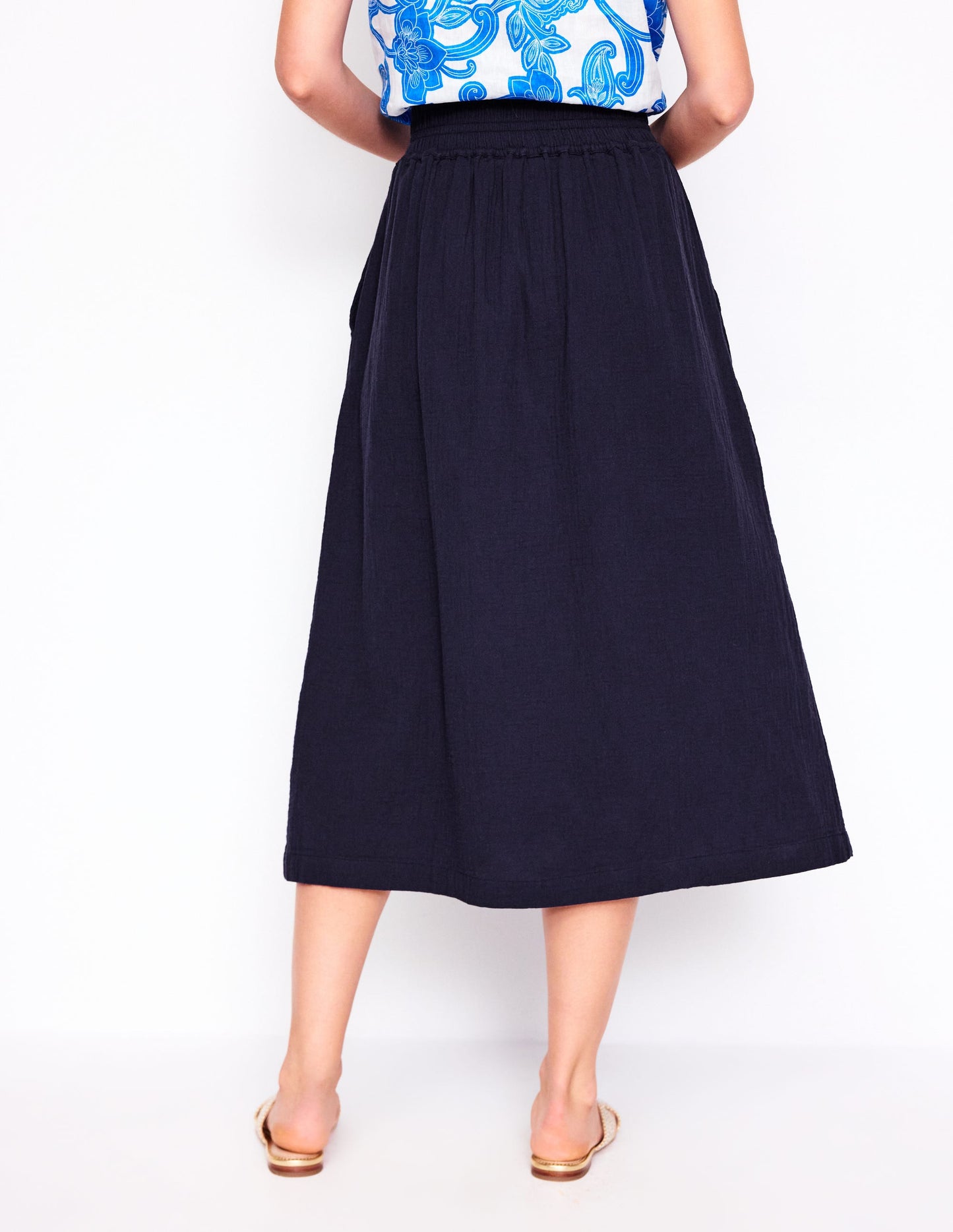 Double Cloth Smocked Skirt-Navy